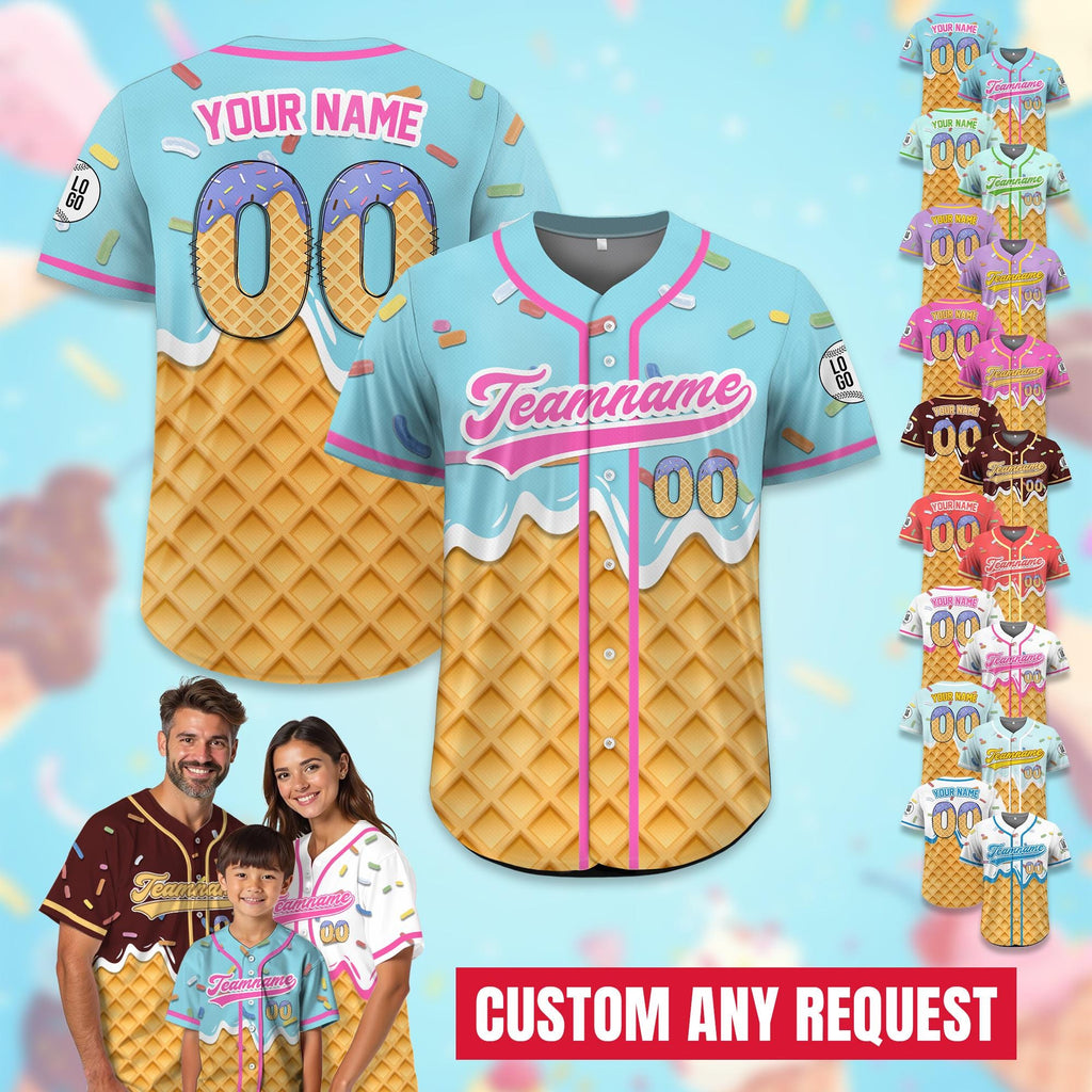 Personalized Name Number Ice Cream Drip Baseball Jersey for Men Women Youth Kid, Custom Sprinkle Drip Baseball Jersey Family Matching Jersey