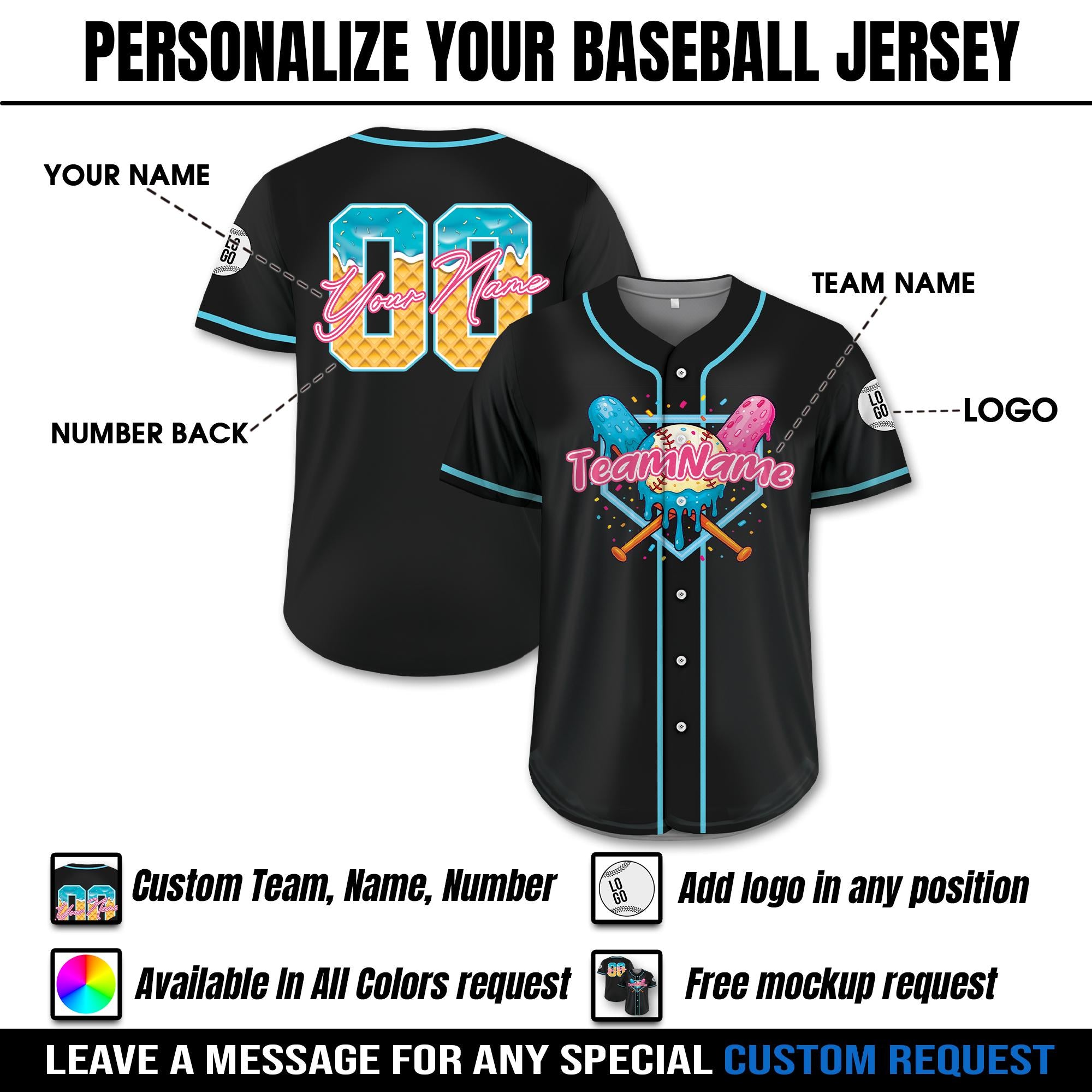Personalized Name Ice Cream Drip Baseball Jersey for Birthday Boys and Girl, Custom Ice Cream Sprinkle Shirt, Baseball Matching Family Shirt