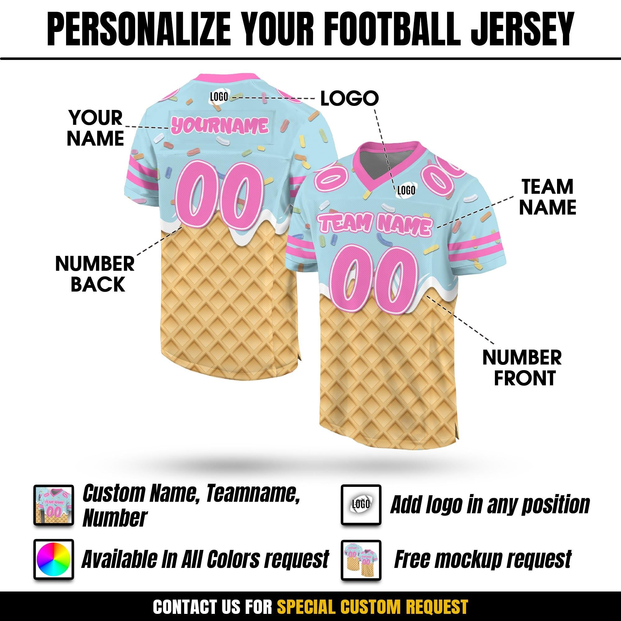 Personalized Team Name Number Ice Cream Drip Football Jersey Shirt, Custom Jersey Kids Sprinkle Drip Birthday Boy Jersey, Ice cream party
