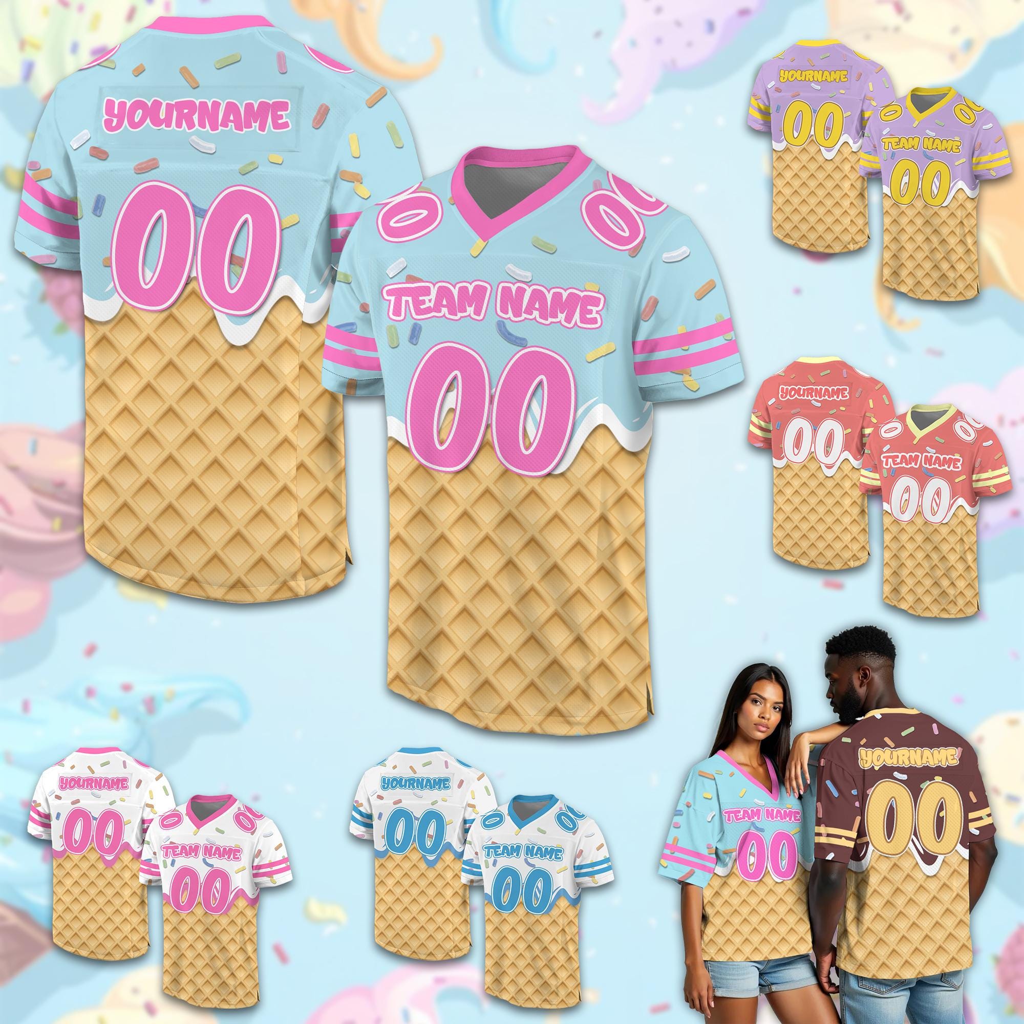 Personalized Name Ice Cream Drip Football Jersey Shirt, Custom Jersey Kids Sprinkle Drip Football Jersey Uniform For Football Team Gift