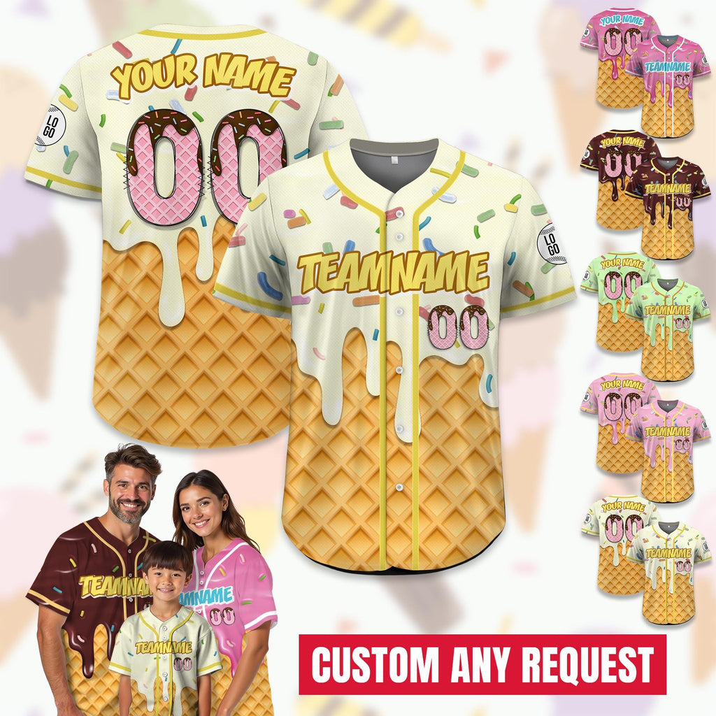 Custom Ice Cream Drip Jersey Shirt for Youth Kid Adult, Personalized Sprinkle Drip Baseball Matching Family Shirt, Baseball Birthday jersey