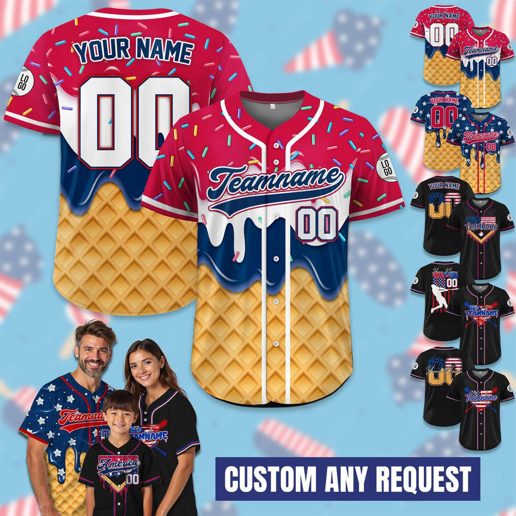 Custom American Flag Ice Cream Drip Baseball Jersey, Personalized USA Jersey with Name Number, 4th of July Shirt, Patriotic Gift For Men