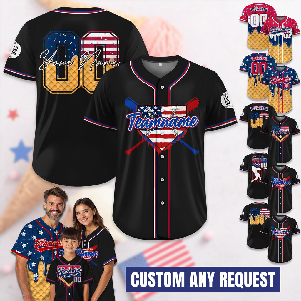 Custom Ice Cream Drip Baseball Jersey - Personalized Red White and Blue Jersey for 4th of July, Game Day Outfit, Patriotic Fans