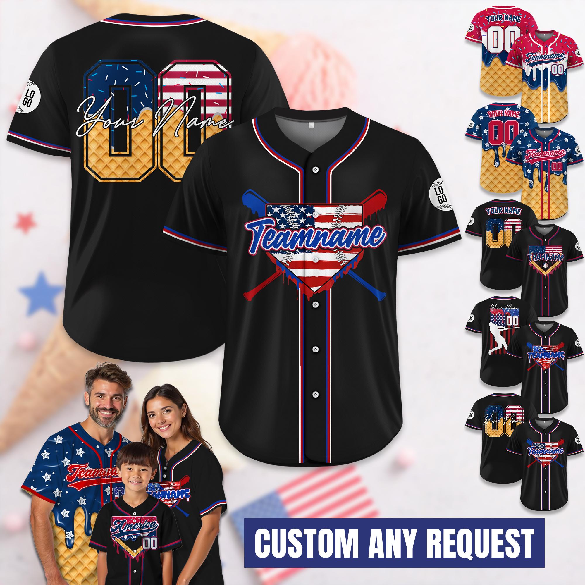 Custom Ice Cream Drip Baseball Jersey - Personalized Red White and Blue Jersey for 4th of July, Game Day Outfit, Patriotic Fans