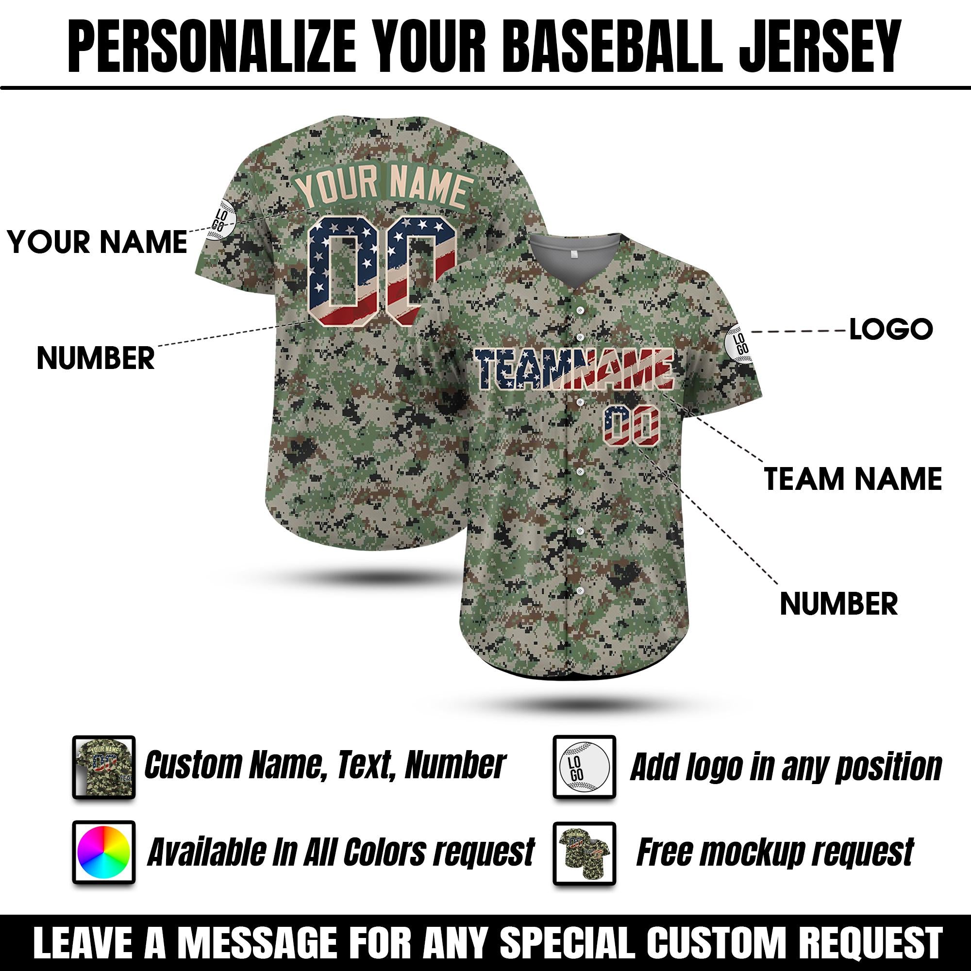 Printed Custom Camo Baseball Jersey with Teamname Name Number, Gifts for Baseball Fans, Personalized Jerseys Shirt for Men Women Youth