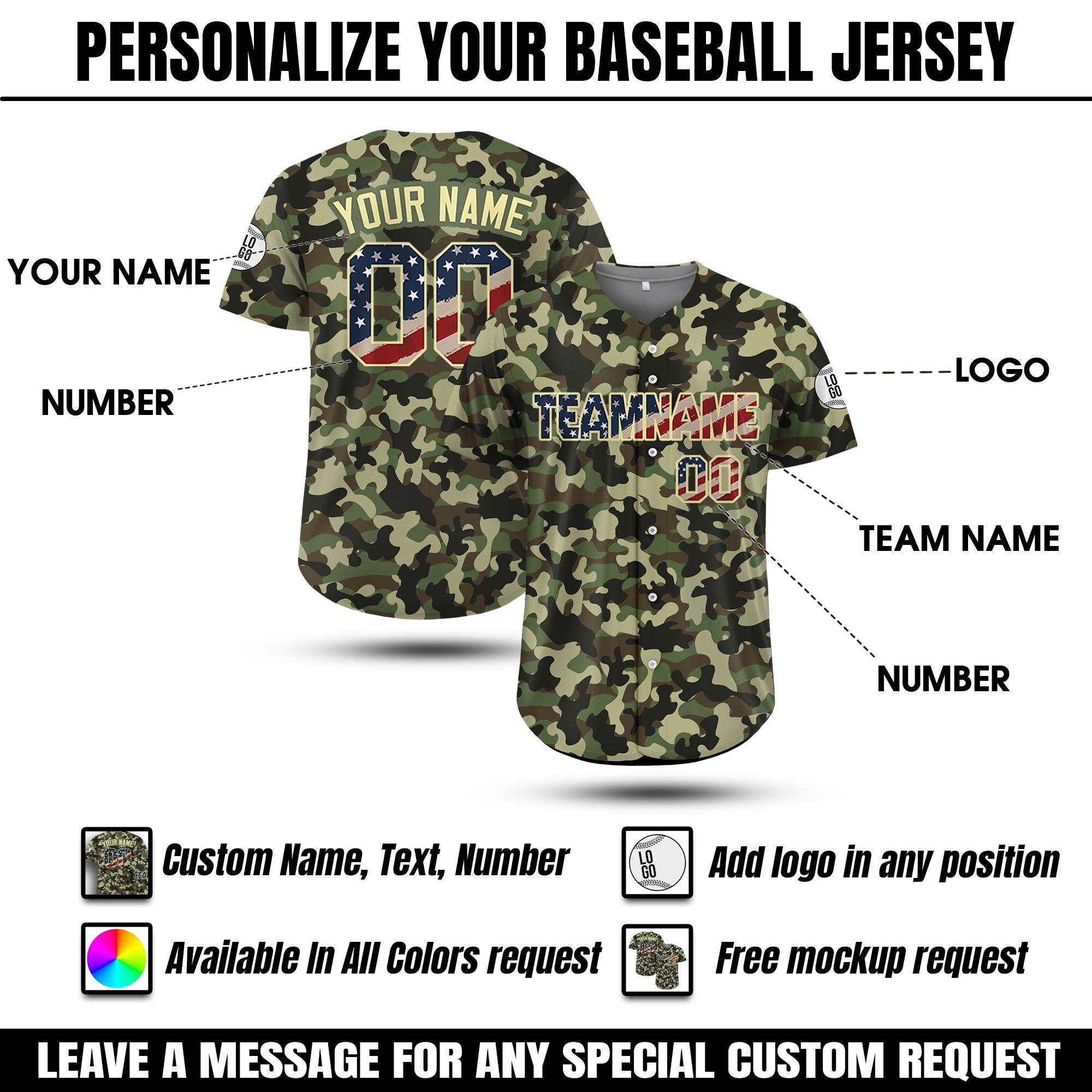 Printed Personalized Camo Baseball Jersey with Name Teamname Number, Custom Jerseys Shirt for Men Women Gifts for Veteran Baseball Fans