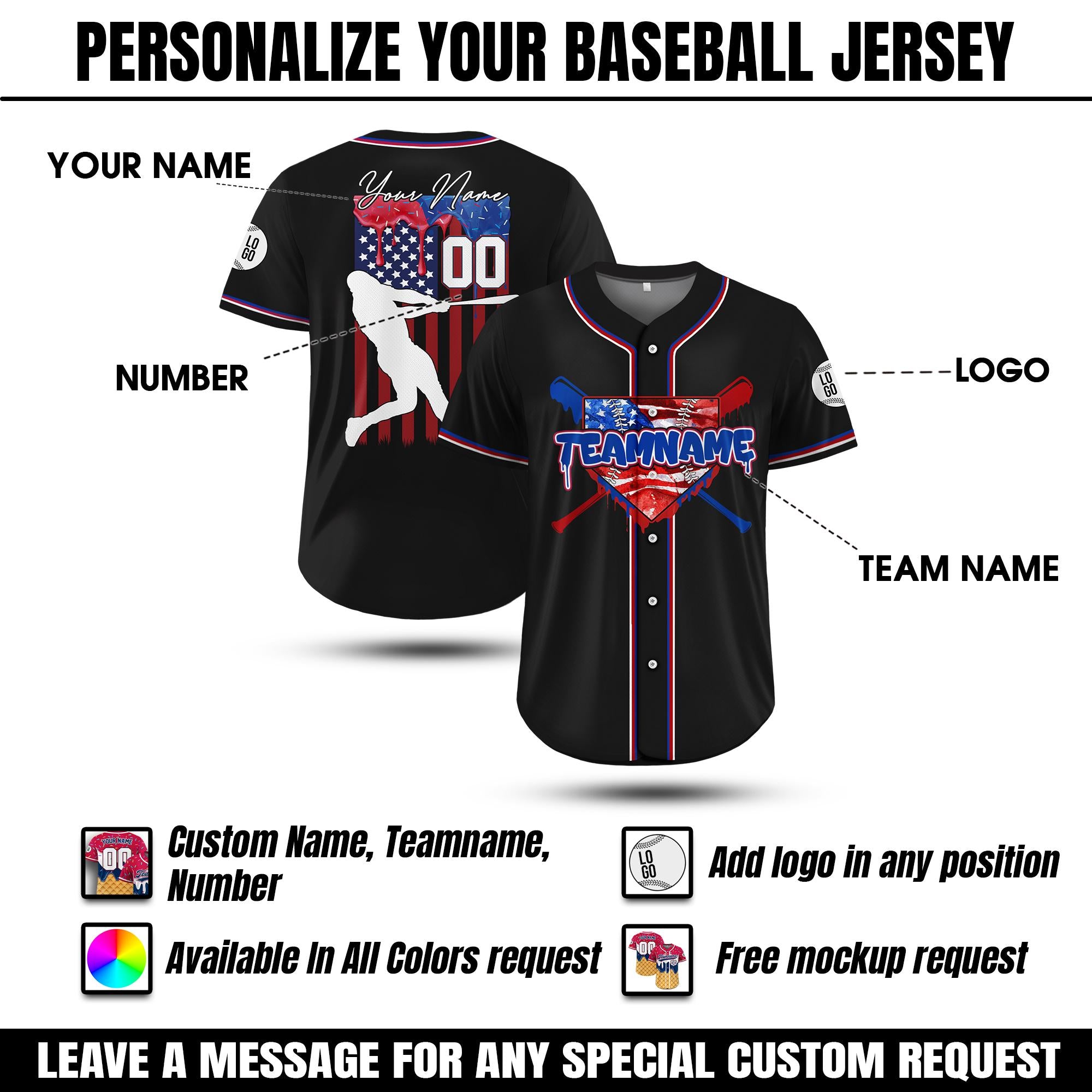 Personalized USA Baseball Jersey with Ice Cream Drip for Adult Kid, Custom 4th of July Outfit for Baseball Fans, Summer Game Days Outfit