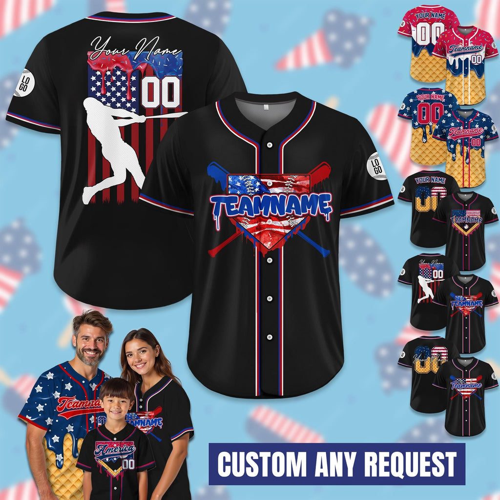 Personalized USA Baseball Jersey with Ice Cream Drip for Adult Kid, Custom 4th of July Outfit for Baseball Fans, Summer Game Days Outfit