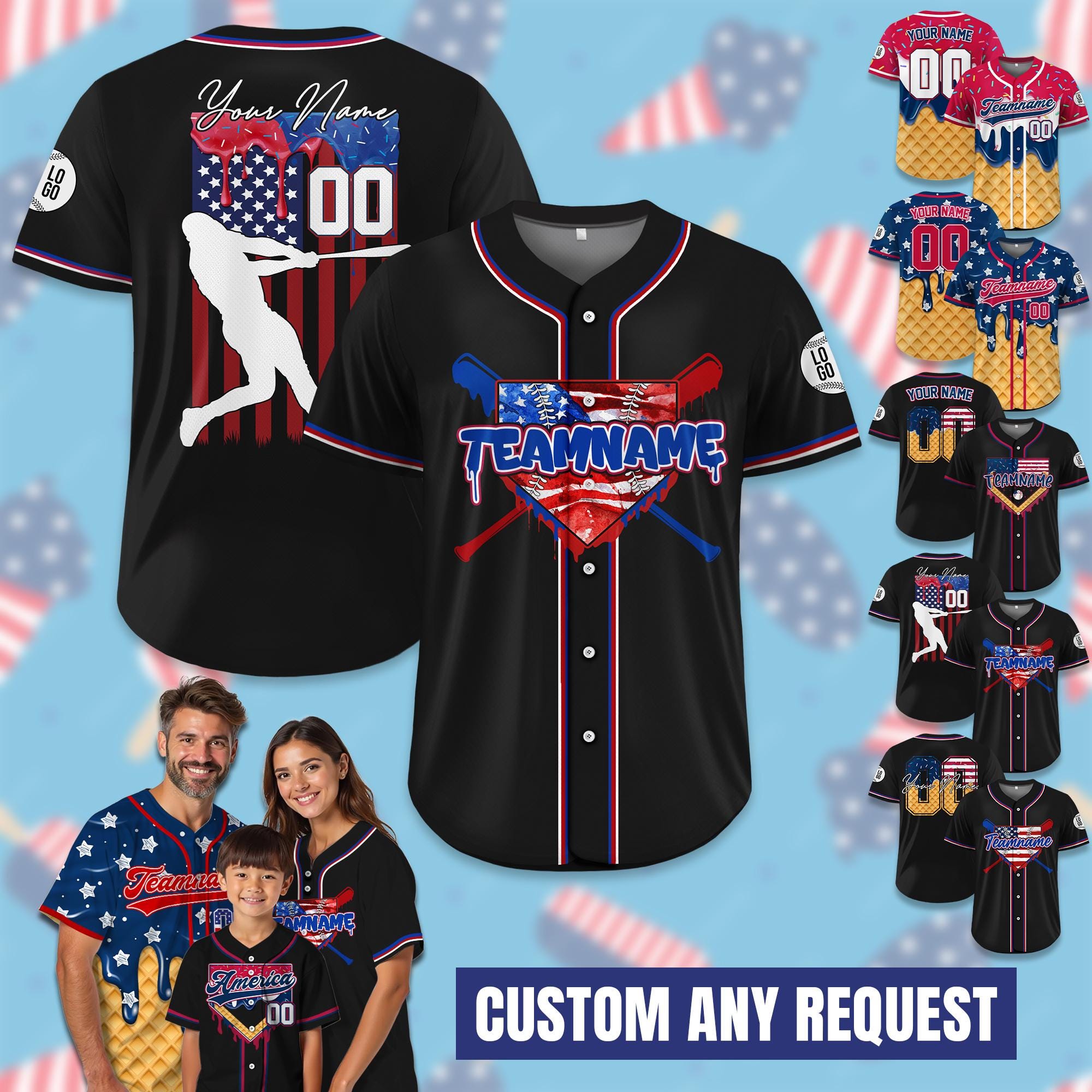 Personalized USA Baseball Jersey with Ice Cream Drip for Adult Kid, Custom 4th of July Outfit for Baseball Fans, Summer Game Days Outfit