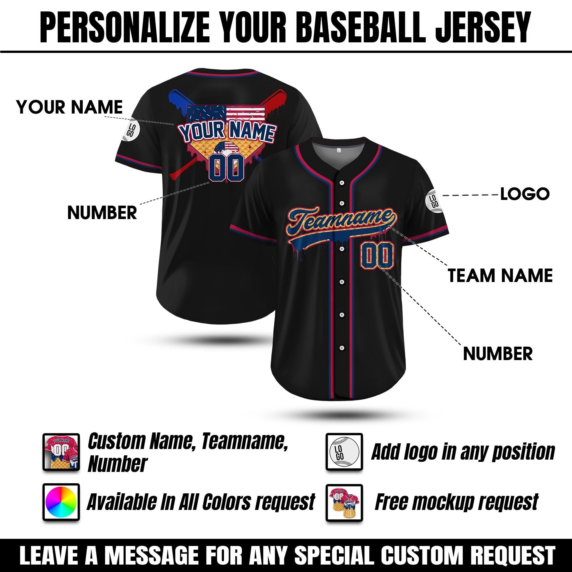 Custom Baseball Jersey Ice Cream Sprinkle,Personalized Red White Blue Jersey with Ice Cream Drip,Family Matching Outfit,Baseball Jersey Gift