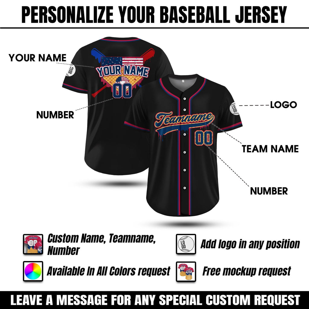 Custom Baseball Jersey Ice Cream Sprinkle,Personalized Red White Blue Jersey with Ice Cream Drip,Family Matching Outfit,Baseball Jersey Gift