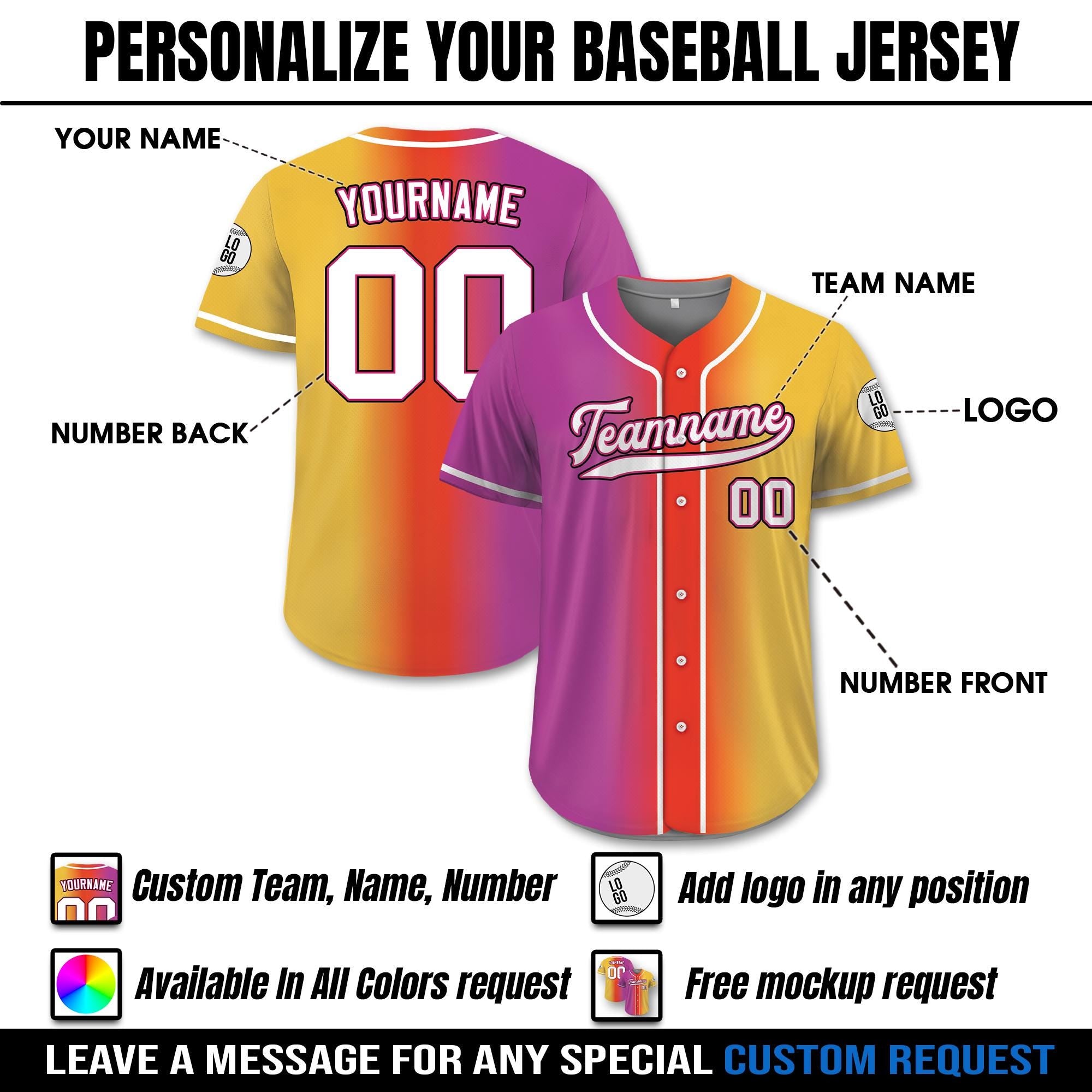Printed Gradient Custom Baseball Jersey with Teamname Name Number, Jerseys Shirt for Men Women Youth Gifts for Baseball Fans Pink Red Yellow
