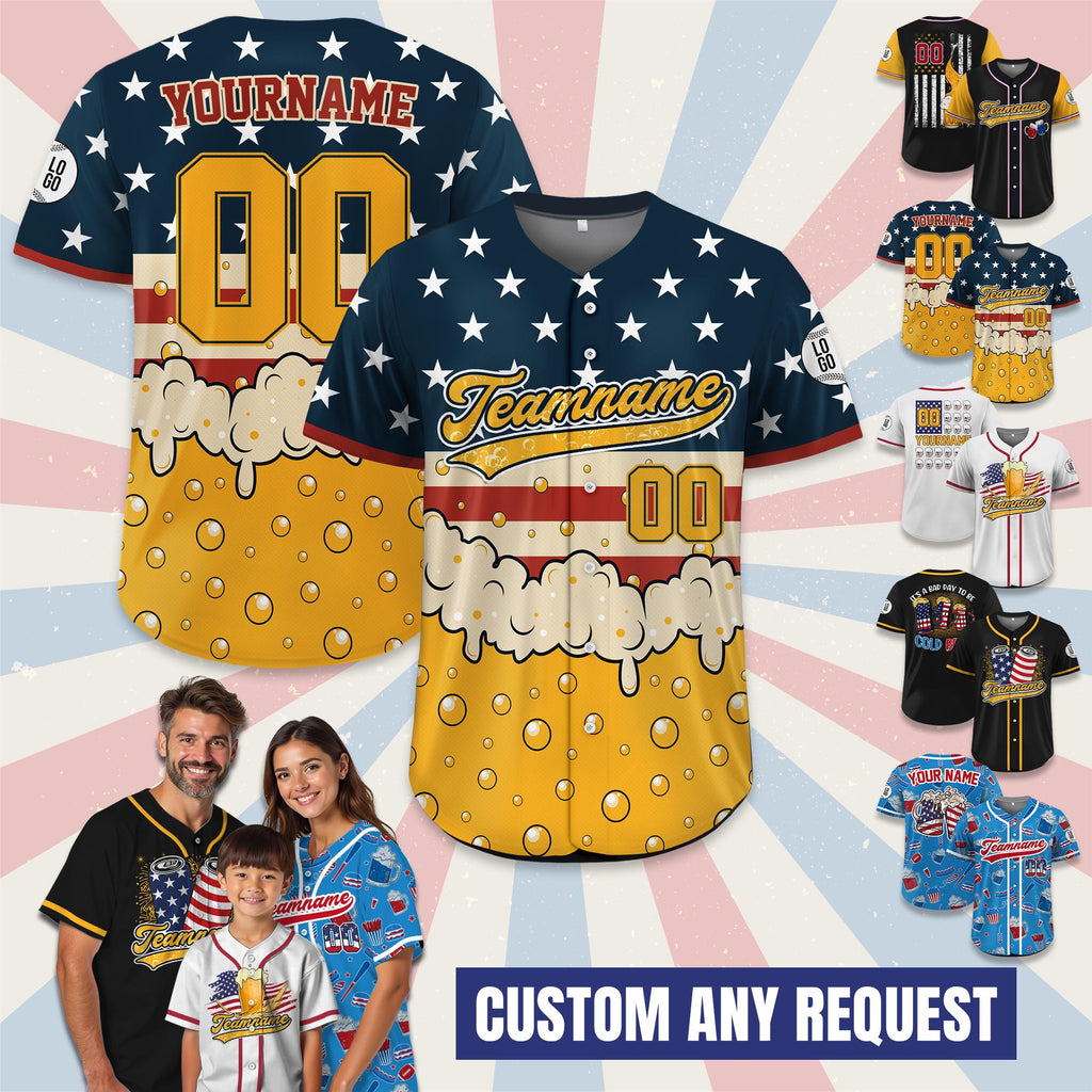 Personalized USA Beer Baseball Jersey with Name & Number, Custom 4th of July Independence Day Patriotic Shirt, American Flag Baseball Jersey