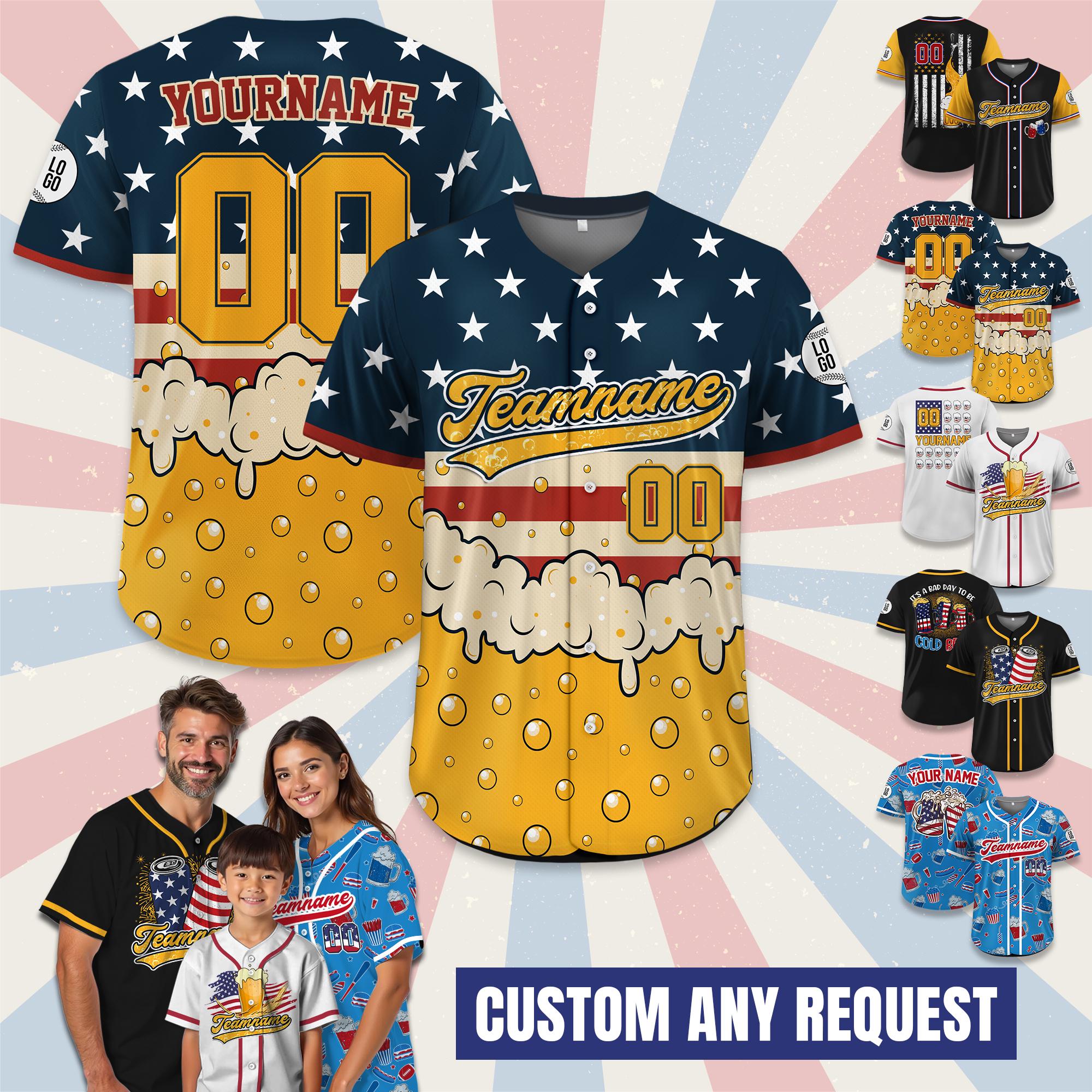 Personalized USA Beer Baseball Jersey with Name & Number, Custom 4th of July Independence Day Patriotic Shirt, American Flag Baseball Jersey