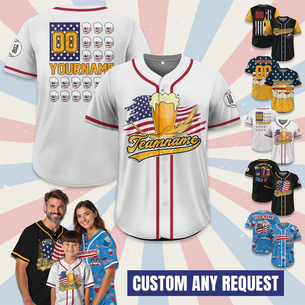 Personalized USA Beer Baseball Jersey For Baseball Fans, Custom American Flag Baseball Jersey, 4th of July Independence Day Patriotic Shirt