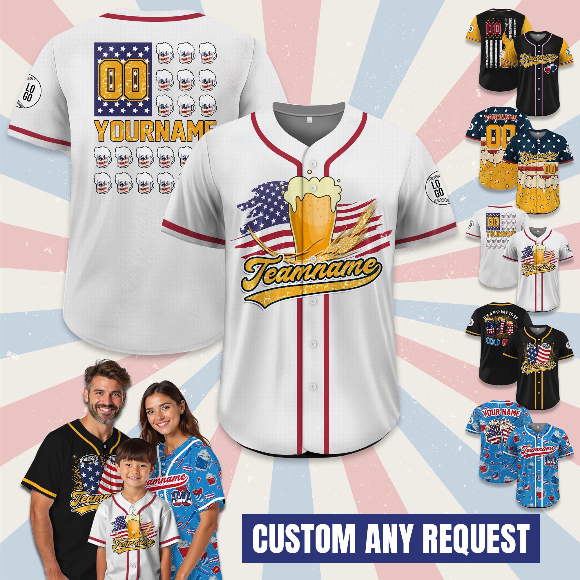 Personalized USA Beer Baseball Jersey For Baseball Fans, Custom American Flag Baseball Jersey, 4th of July Independence Day Patriotic Shirt