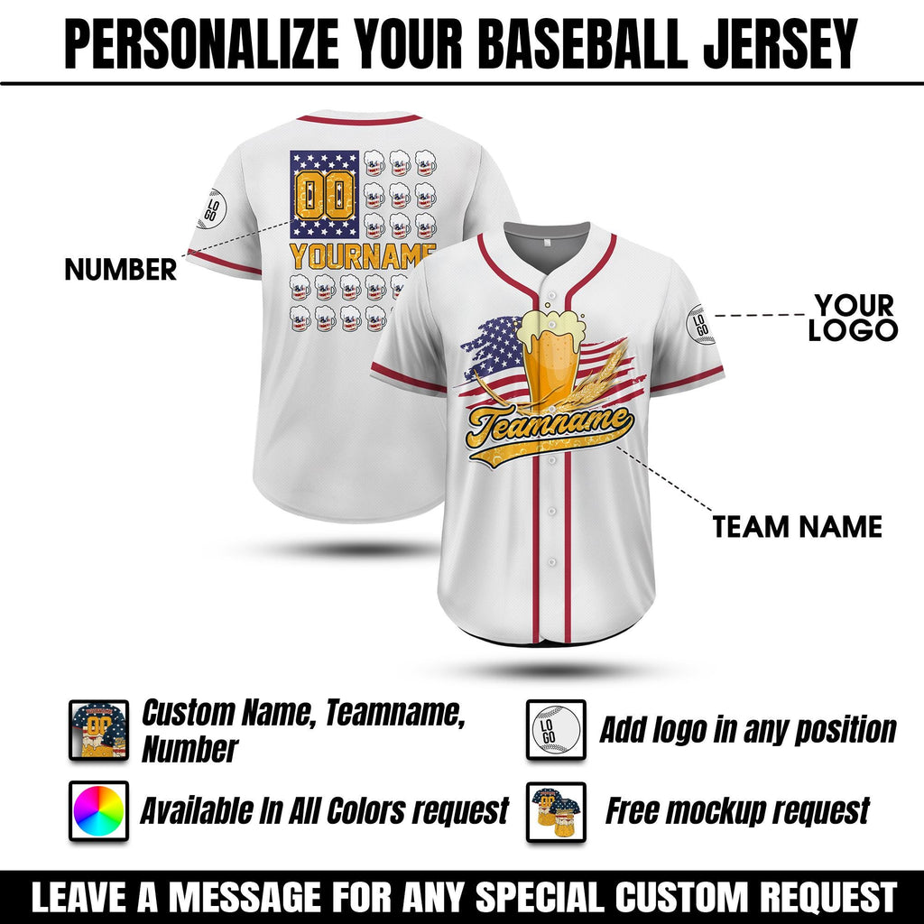 Personalized USA Beer Baseball Jersey For Baseball Fans, Custom American Flag Baseball Jersey, 4th of July Independence Day Patriotic Shirt