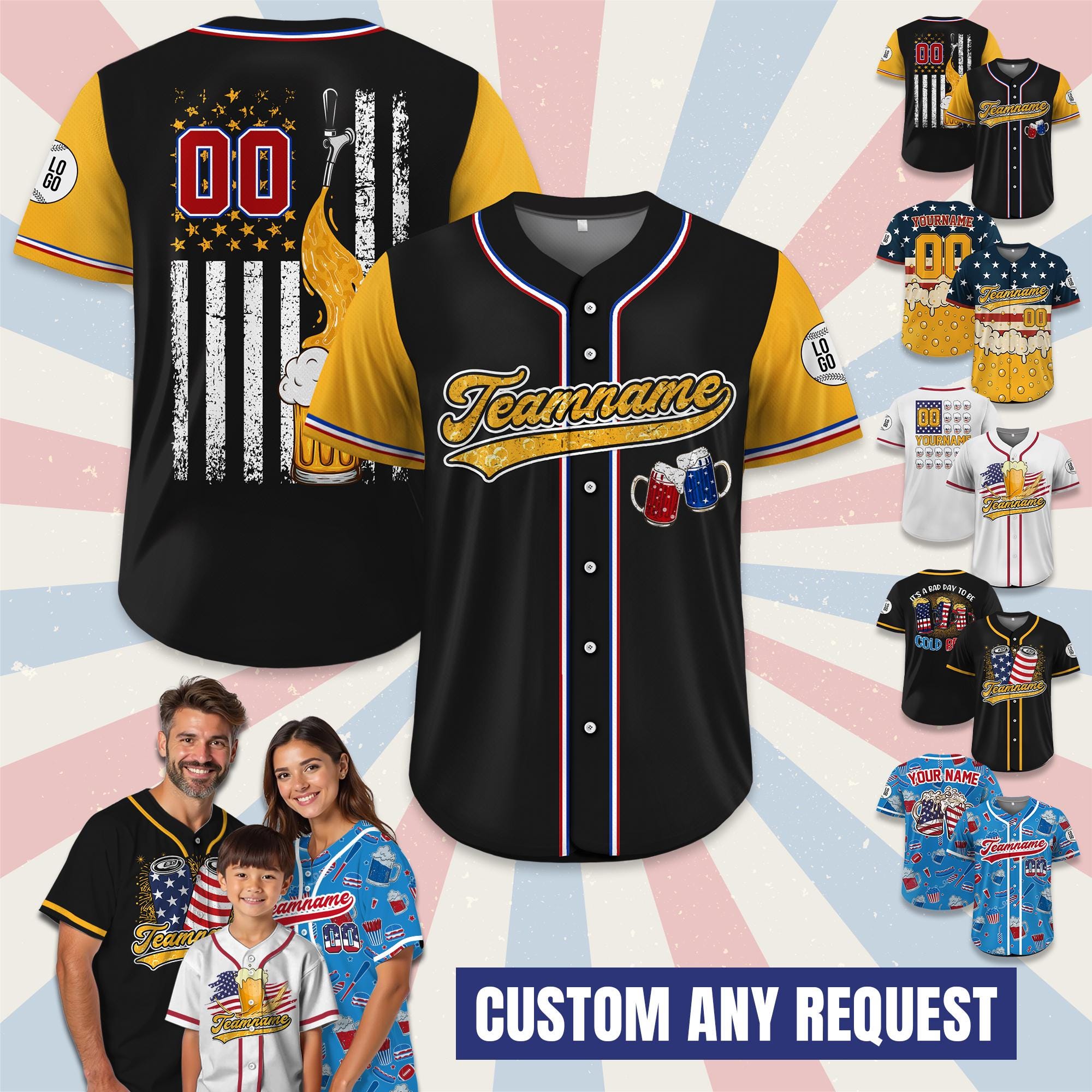 Custom Beer Baseball Jersey with Name, Red White and Blue Patriotic Jersey for 4th of July Independence Day Baseball Fans Beer Lovers Gift