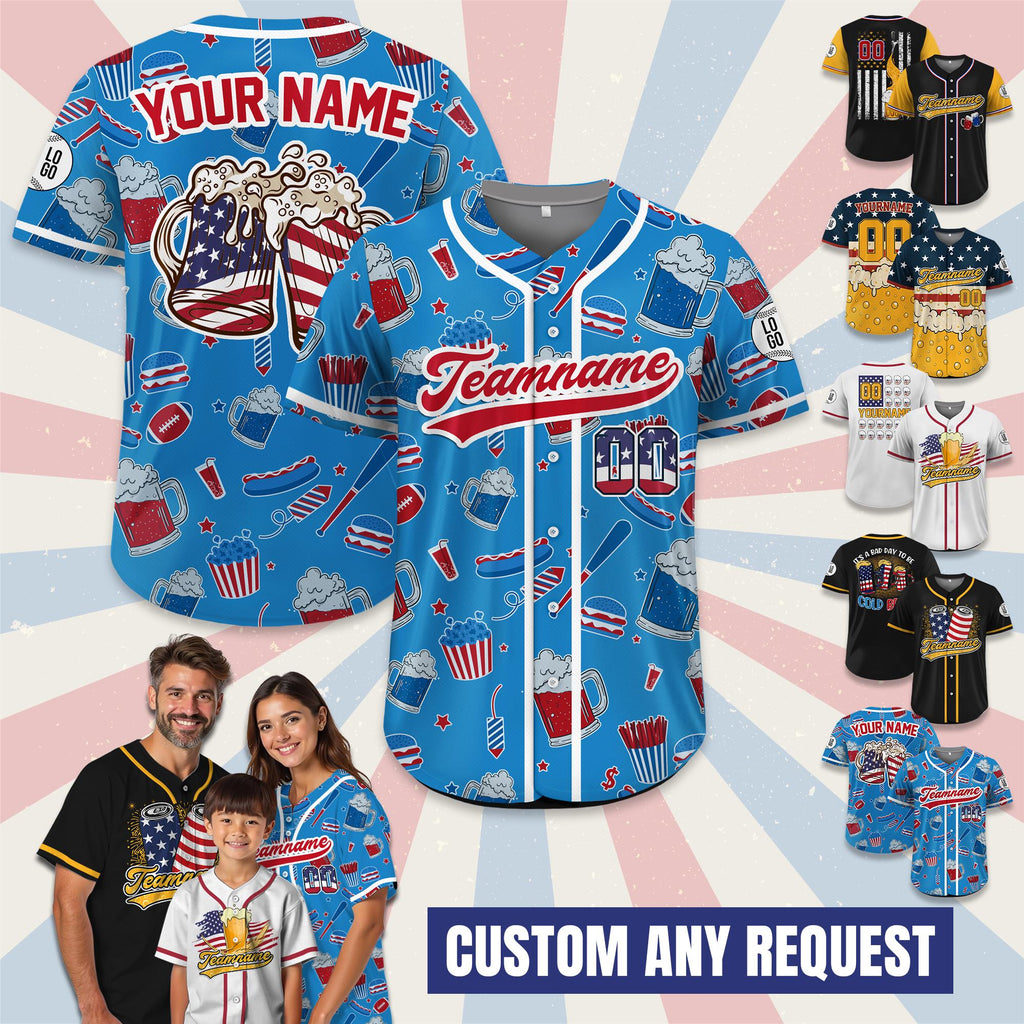 Personalized Jersey 4th of July Beer Shirt for Dad, Baseball Party Jersey Custom Patriotic beer lovers Gift Independence Day Bachelor Party