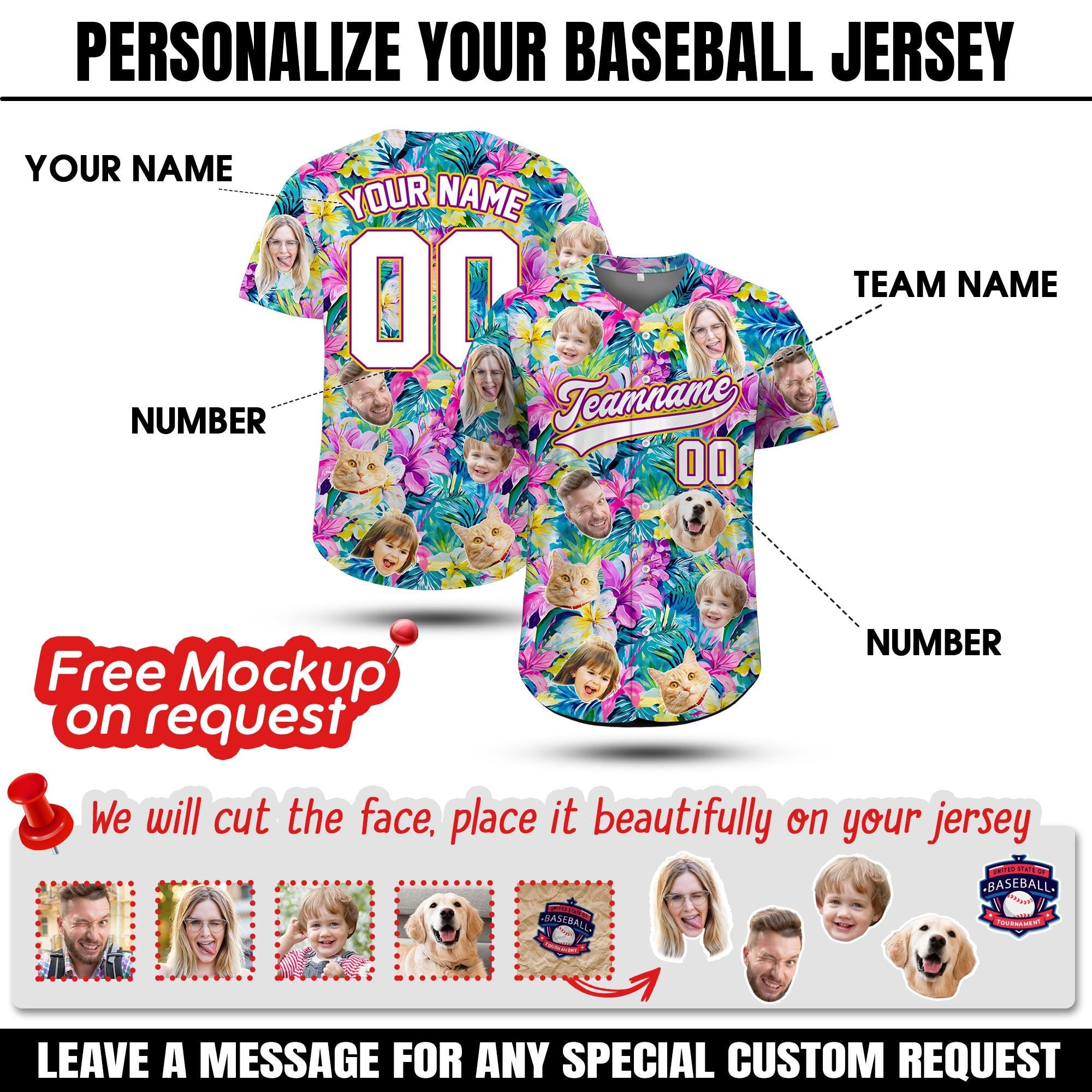Custom Face Hawaiian Baseball Jersey with Photo Team Name Number, Personalized Baseball Floral Shirt for Adult Youth Preschool Button Shirt