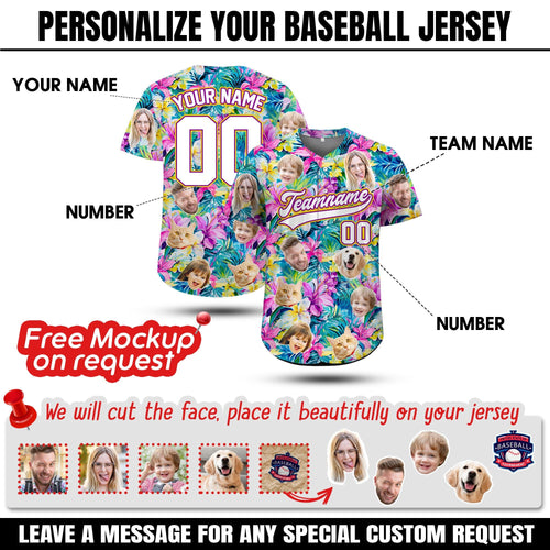 Custom Face Hawaiian Baseball Jersey with Photo Team Name Number, Personalized Baseball Floral Shirt for Adult Youth Preschool Button Shirt