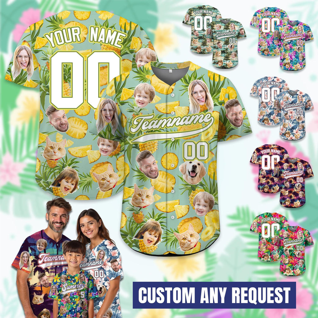 Custom Name Hawaiian Baseball Jersey with Face, Personalized Hawaii Shirt for Men Women Youth Kid in Summer Vacation, Group Vacation shirt