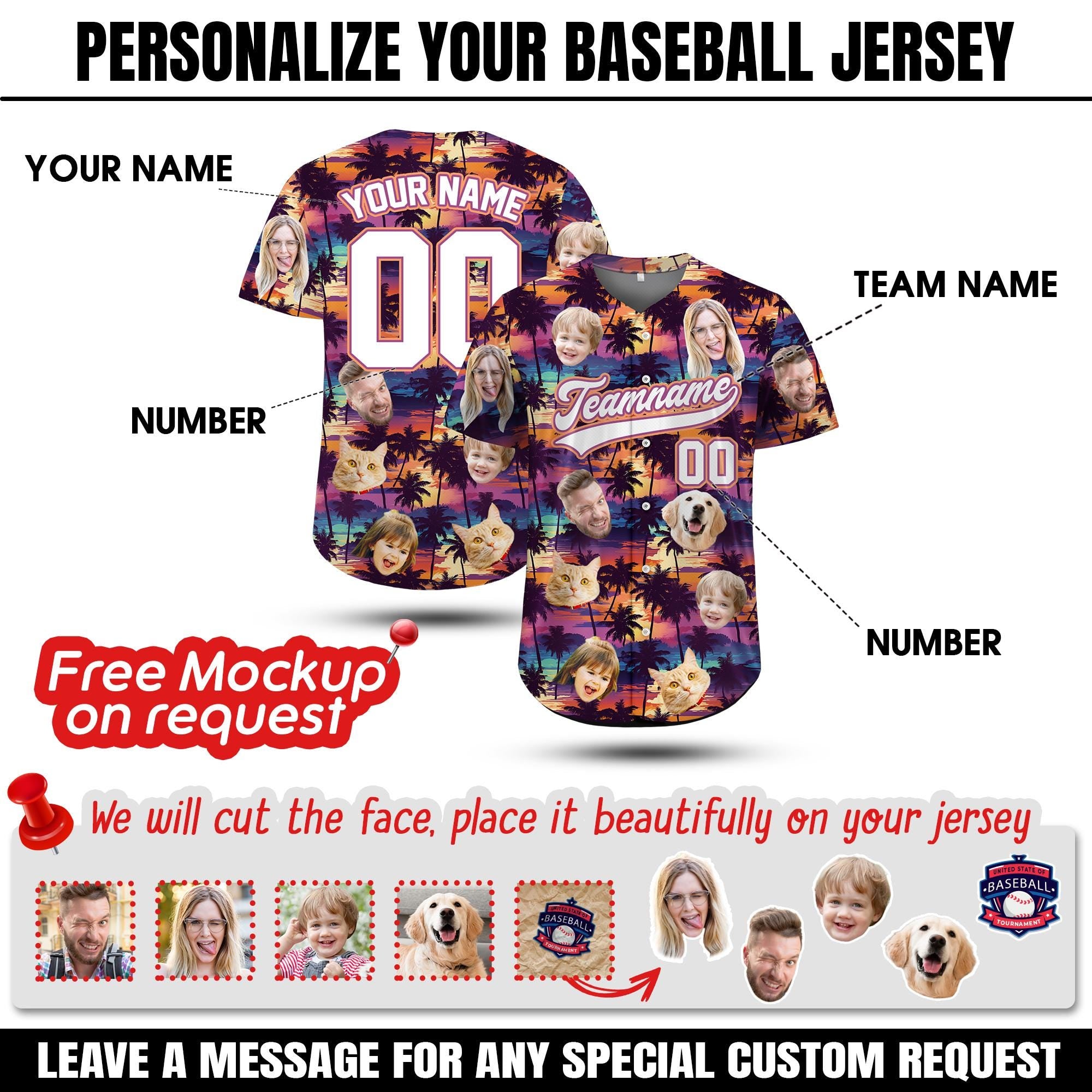 Personalized Tropical Baseball Jersey with Face, Custom Team shirt with name, Family Vacation Jersey, Funny Custom Gift,Bachelor Party Shirt