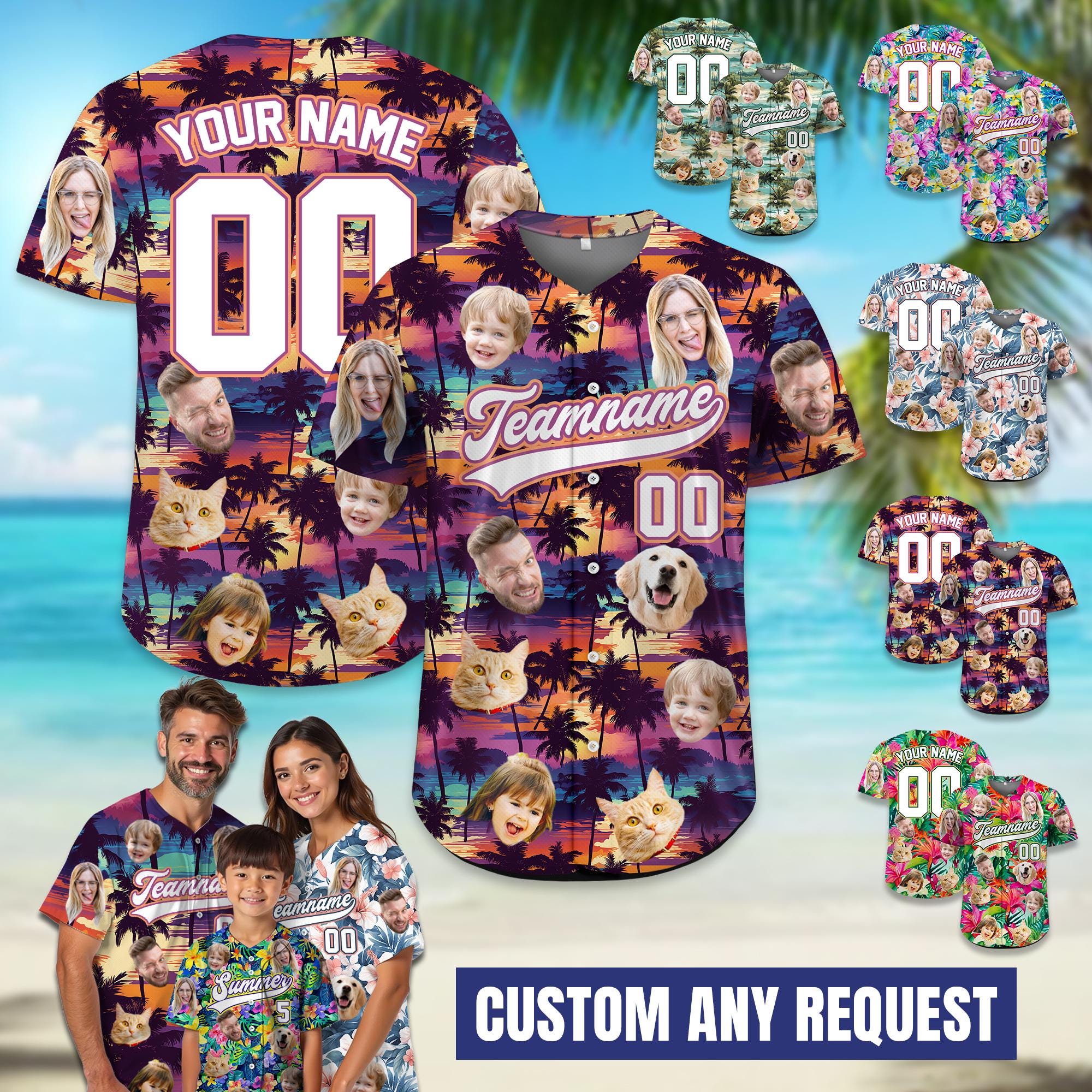 Personalized Tropical Baseball Jersey with Face, Custom Team shirt with name, Family Vacation Jersey, Funny Custom Gift,Bachelor Party Shirt