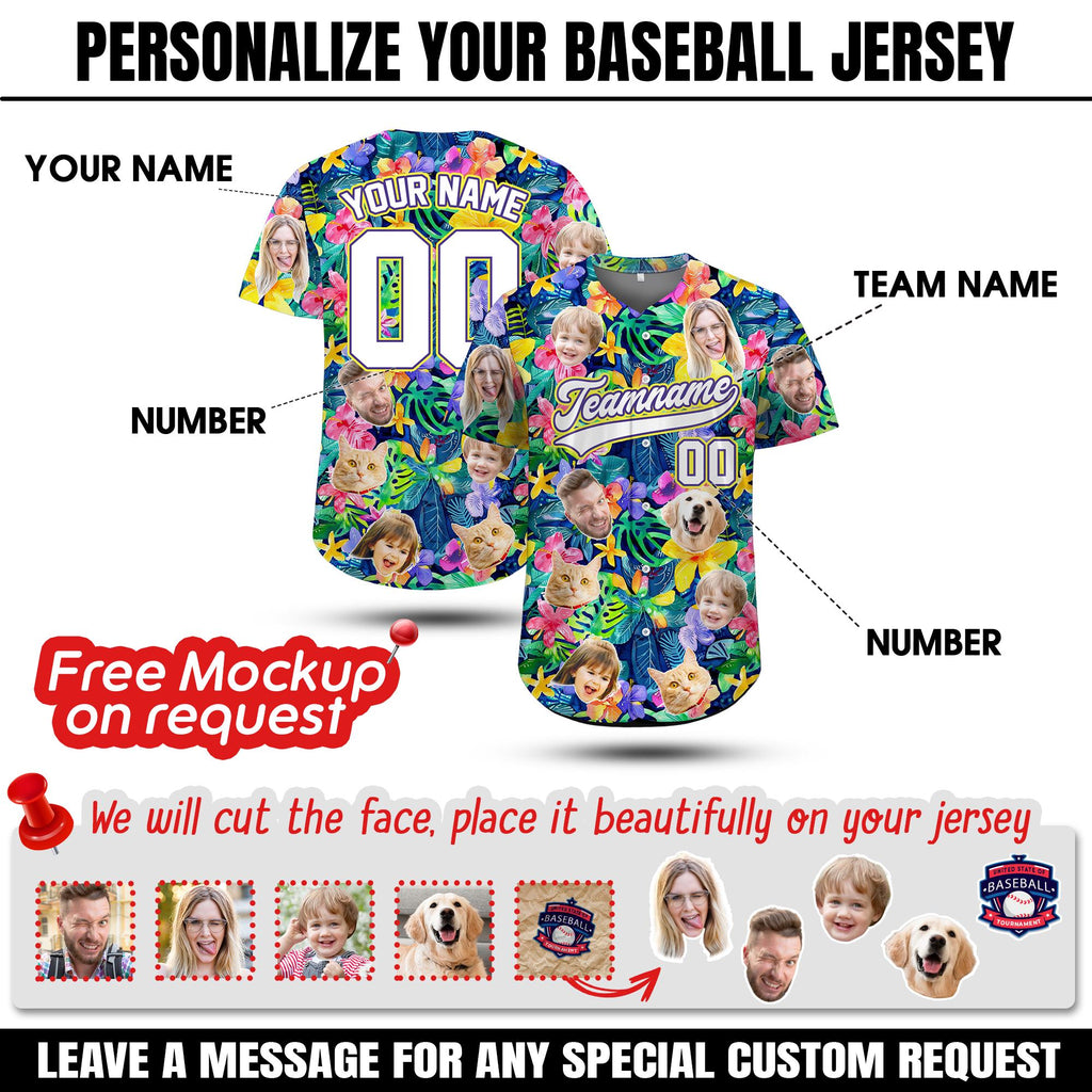 Custom Name Number Baseball Jersey with Face, Custom Face Hawaiian Jersey for Group Travel,Summer Reunion,Family Matching Party Jersey Shirt