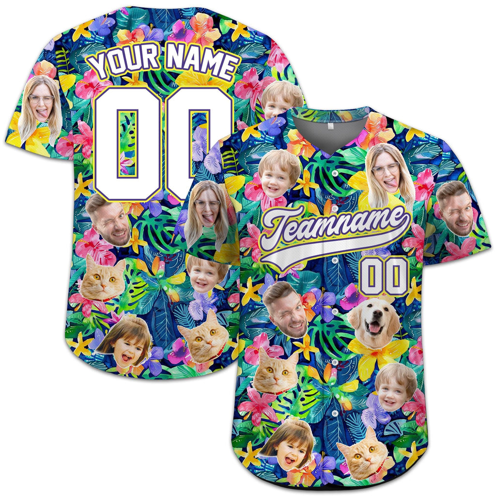 Custom Name Number Baseball Jersey with Face, Custom Face Hawaiian Jersey for Group Travel,Summer Reunion,Family Matching Party Jersey Shirt