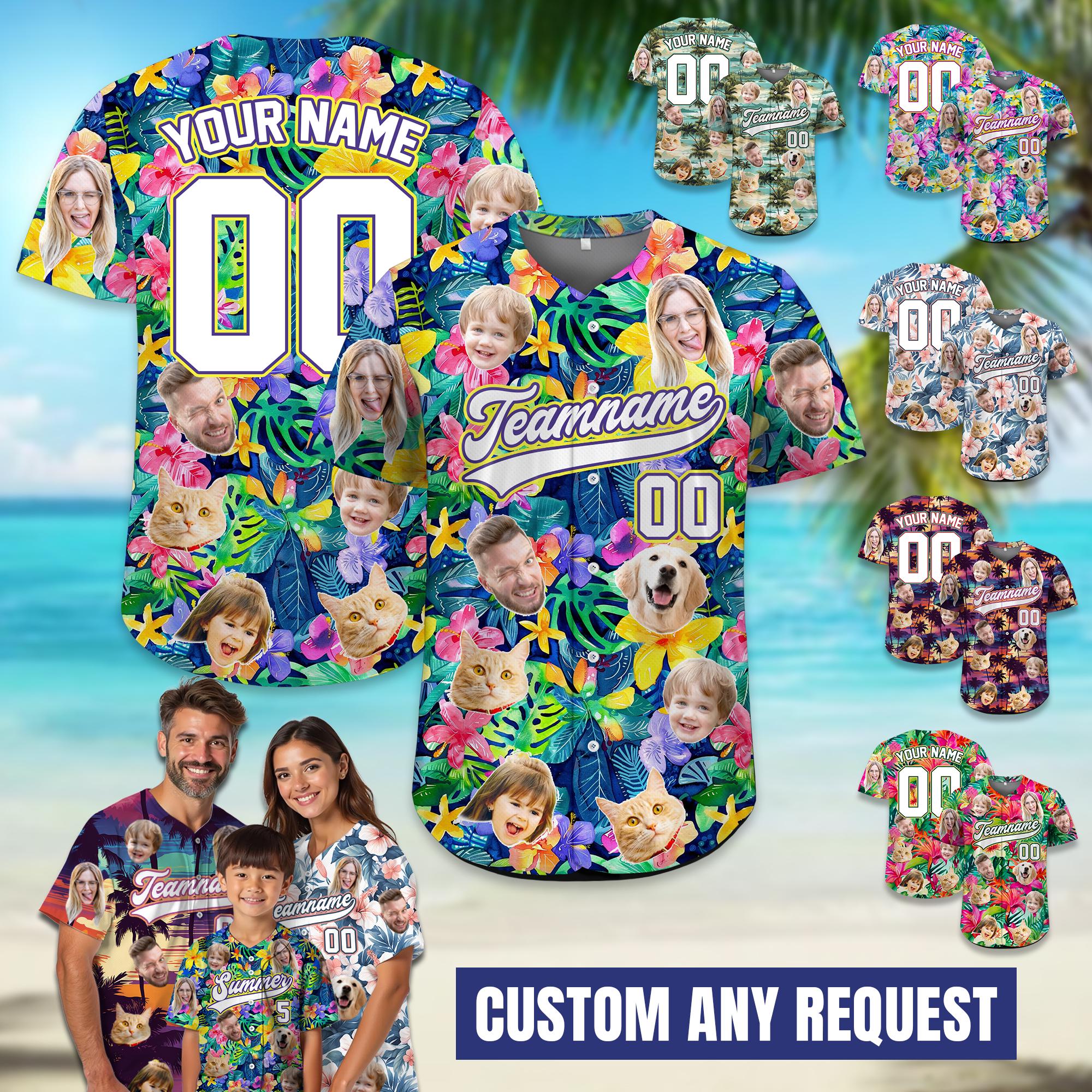 Custom Name Number Baseball Jersey with Face, Custom Face Hawaiian Jersey for Group Travel,Summer Reunion,Family Matching Party Jersey Shirt