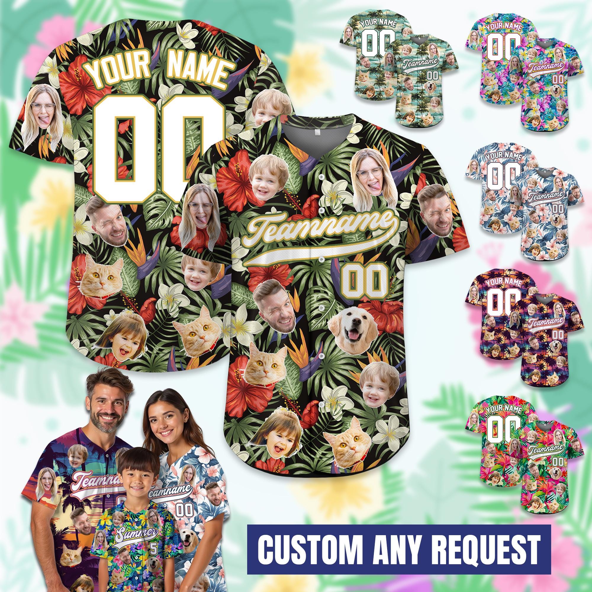 Custom Hawaiian Baseball Jersey with Face Teamname Name Number, Personalized Hawaii Floral Shirt for Men Women Youth Preschool Button Shirt