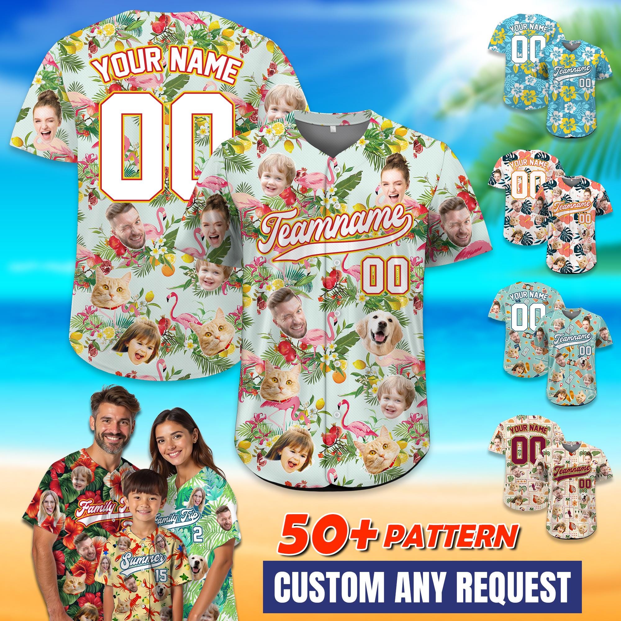 Personalized Hawaiian Baseball Jersey with Face Tropical Shirt Custom Baseball Jersey Shirt for Adult Youth Kid in Vacation Flamingo Fruits