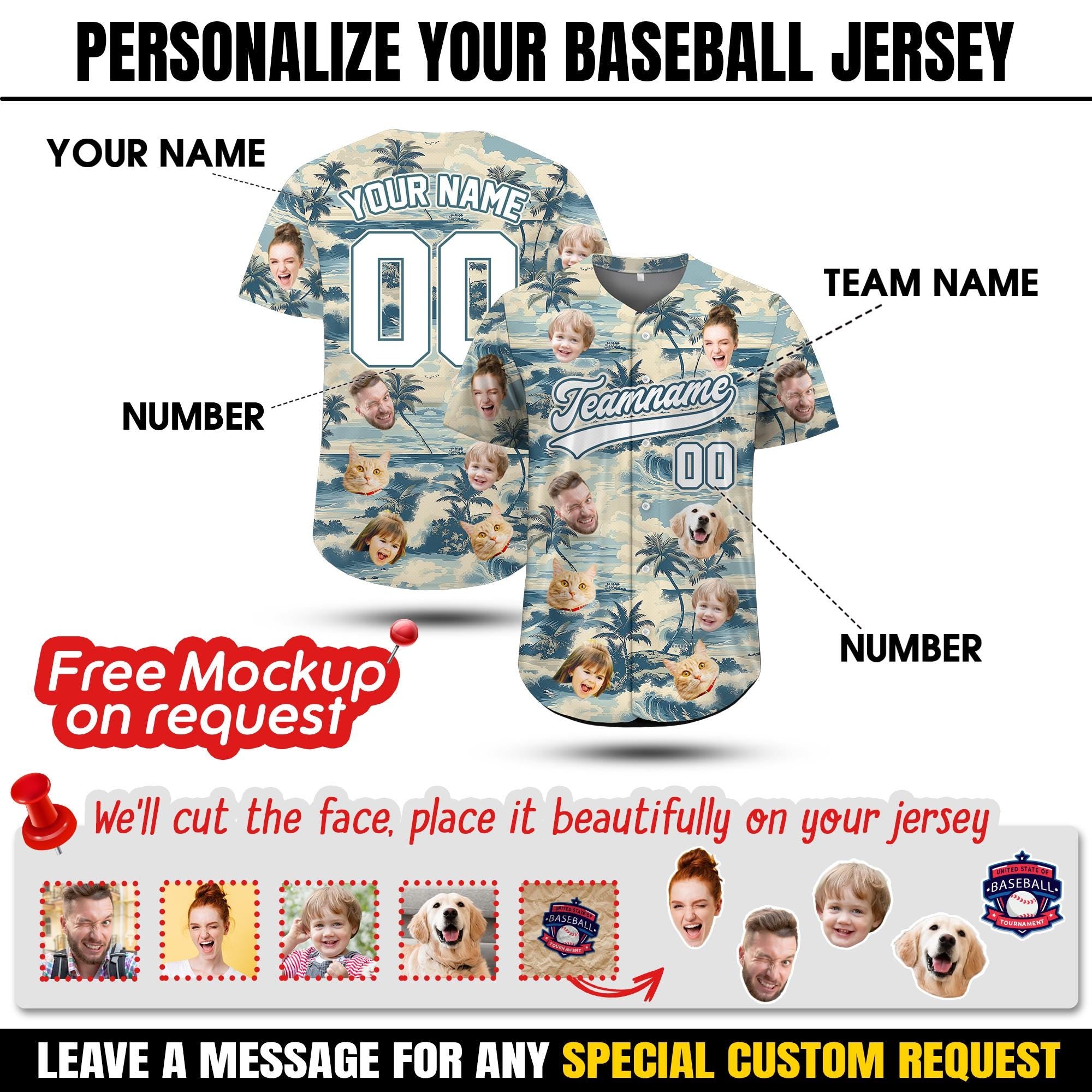 Custom Tropical Pattern Baseball Shirt with Photo Personalized Baseball Jersey with Dog Cat Face Gift For Dog Lover Dog Owner Matching Shirt