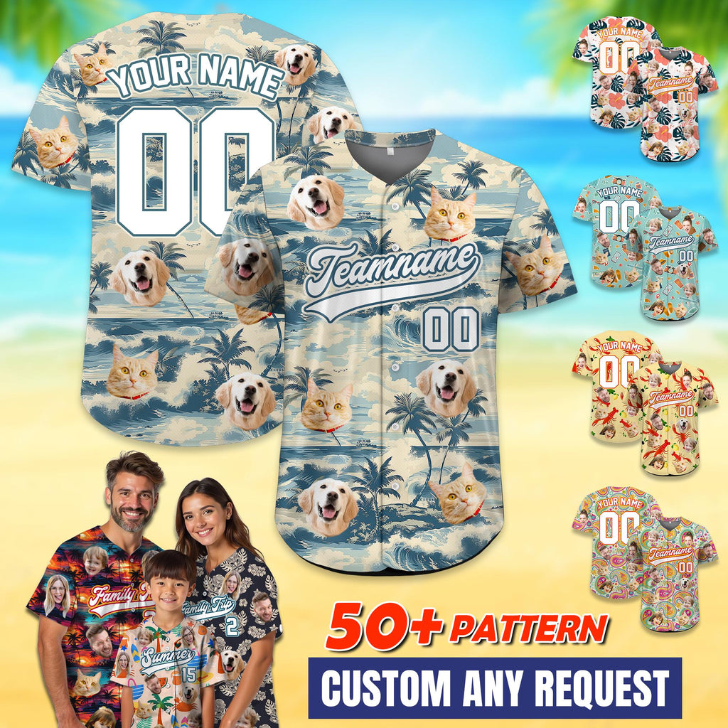 Custom Tropical Pattern Baseball Shirt with Photo Personalized Baseball Jersey with Dog Cat Face Gift For Dog Lover Dog Owner Matching Shirt
