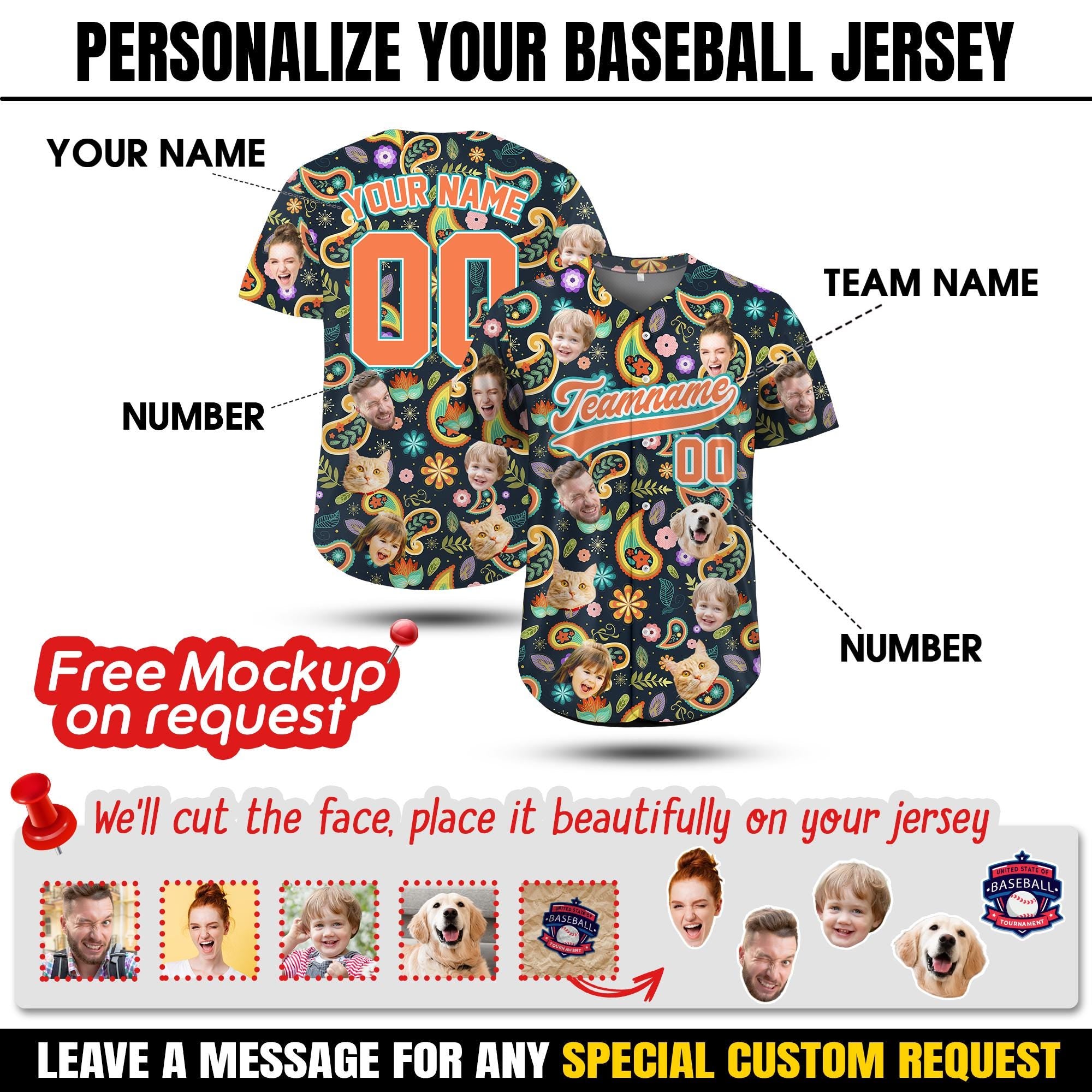 Personalize Baseball Jersey Hawaiian Shirt with Face for Family Summer vacation outfit Bachelor Party Custom Photo Shirt Button Down Paisley