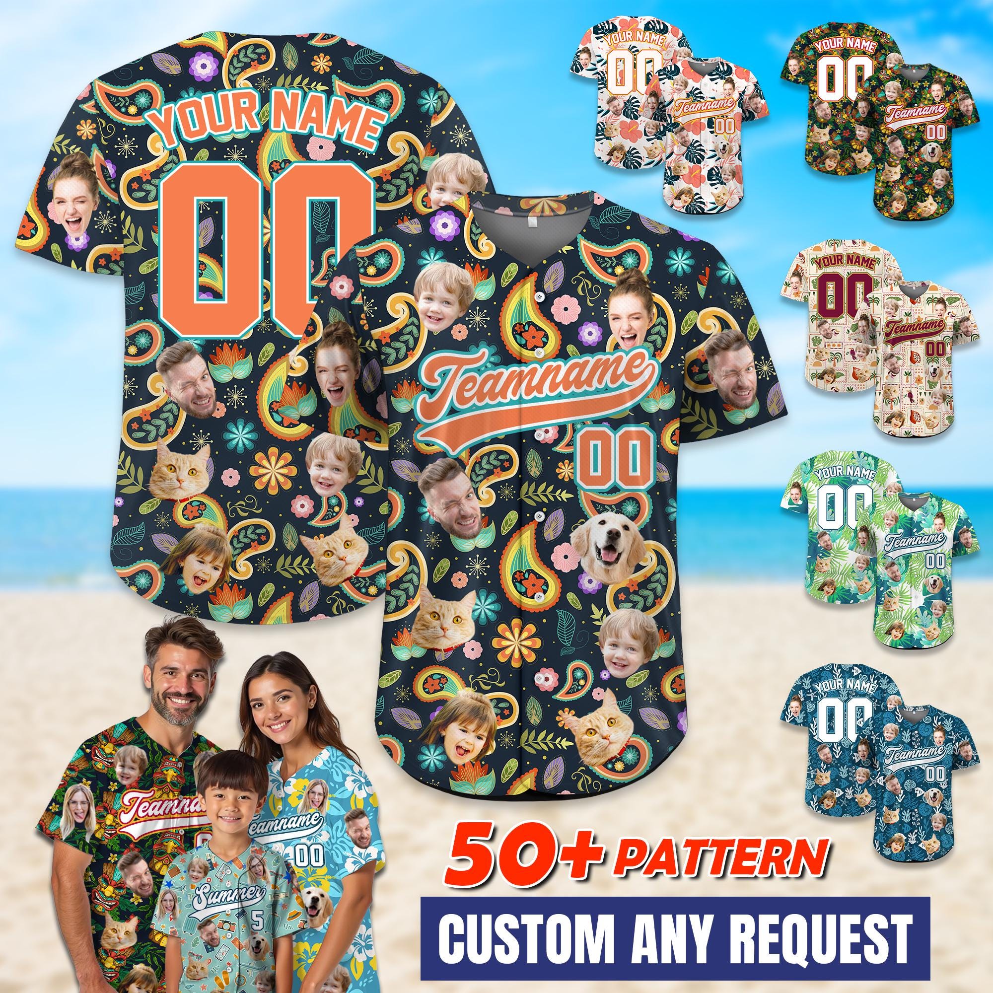 Personalize Baseball Jersey Hawaiian Shirt with Face for Family Summer vacation outfit Bachelor Party Custom Photo Shirt Button Down Paisley