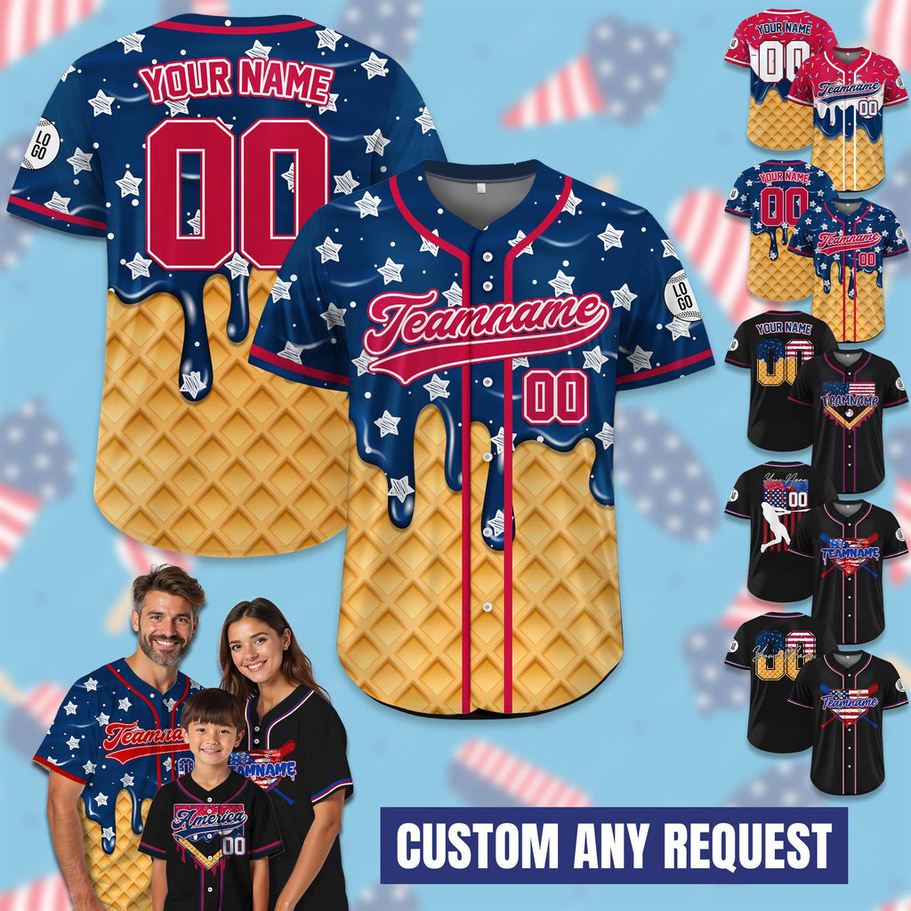 Personalized Dripping Ice Cream 4th of July USA Flag Baseball Jersey, Custom Ice Cream American, Patriotic Gift For Men Independence Day