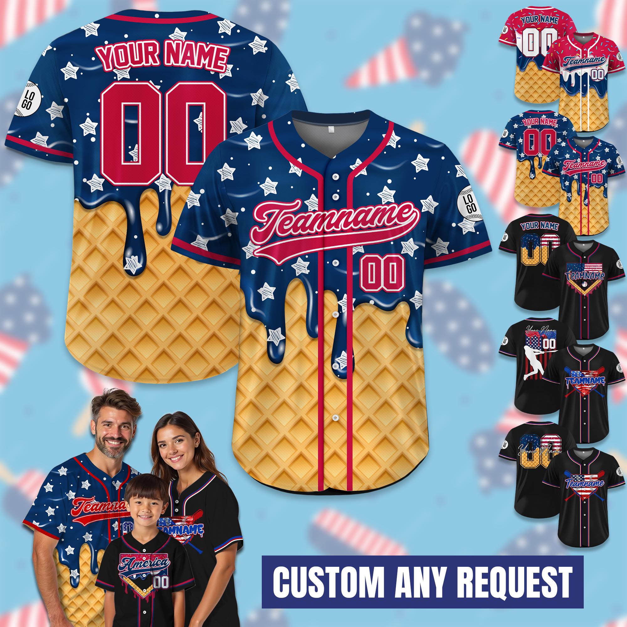 Personalized Dripping Ice Cream 4th of July USA Flag Baseball Jersey, Custom Ice Cream American, Patriotic Gift For Men Independence Day