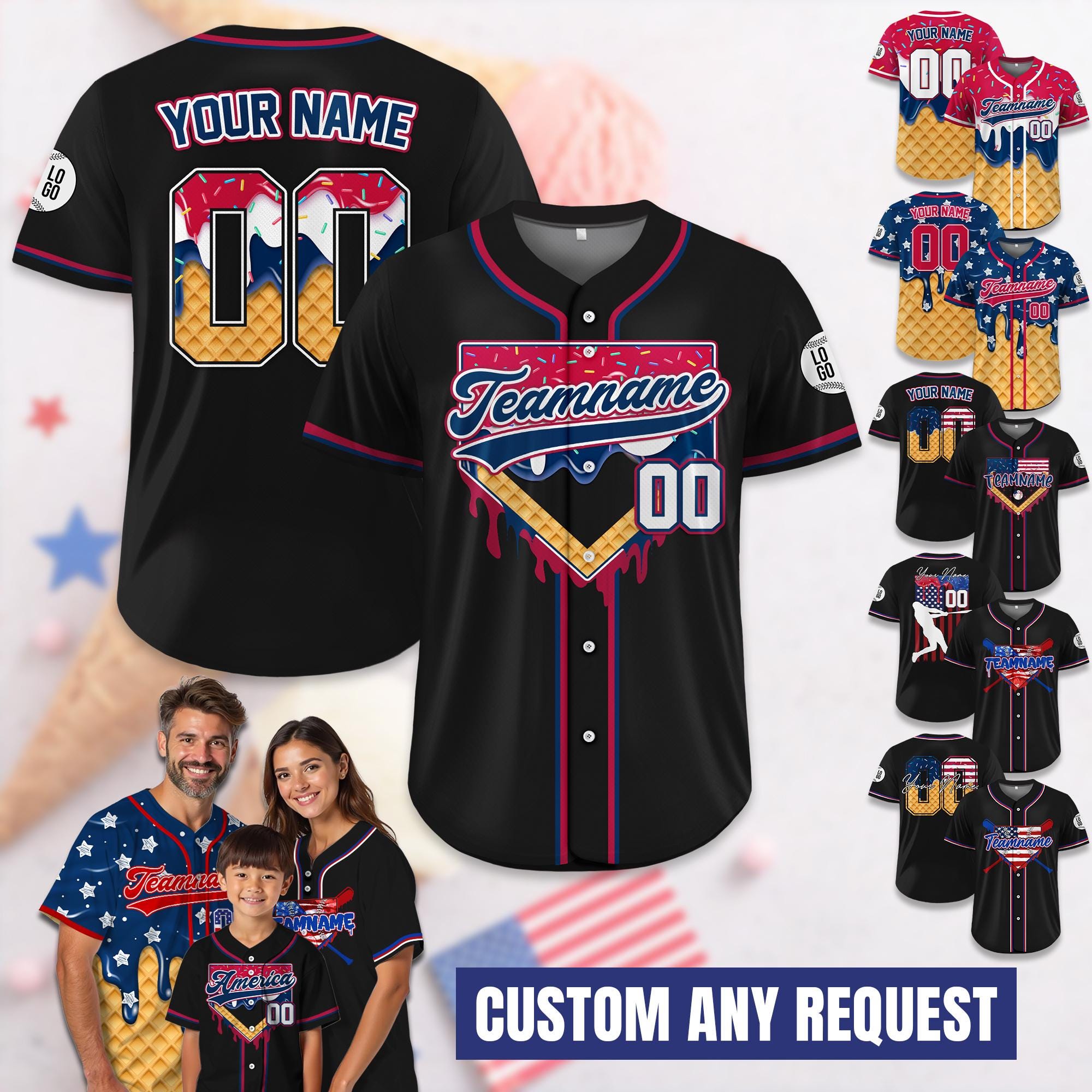 Personalized Dripping Ice Cream 4th of July USA Flag Baseball Jersey, Custom Ice Cream American, Sprinkle Drip Matching Family Shirt