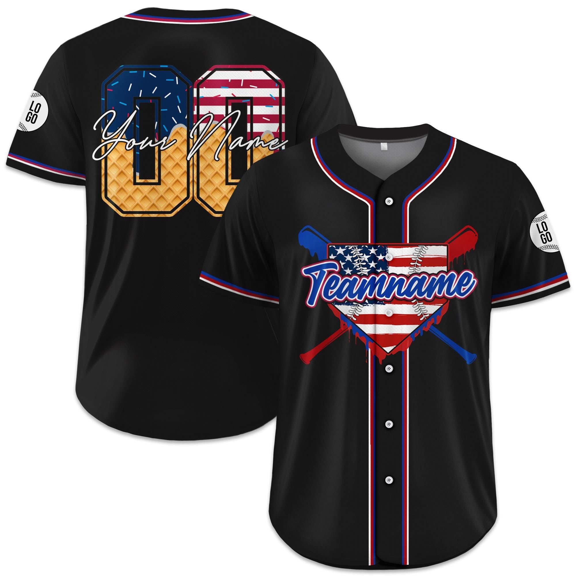 Custom Ice Cream Drip Baseball Jersey - Personalized Red White and Blue Jersey for 4th of July, Game Day Outfit, Patriotic Fans