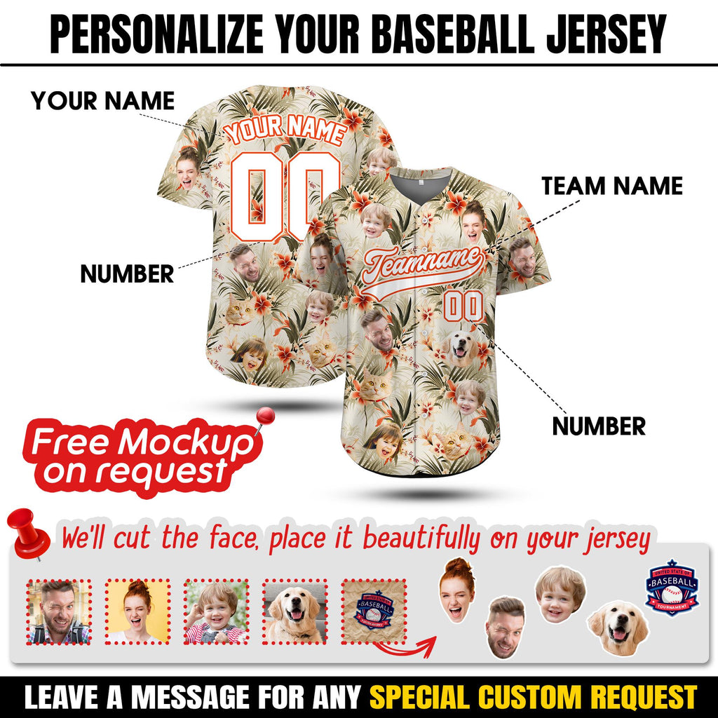 Personalized Face Hawaiian Baseball Jersey for Men Women Youth Kid, Custom Sport Fans Hawaii Floral Shirt with Name Number, Vacation Gift