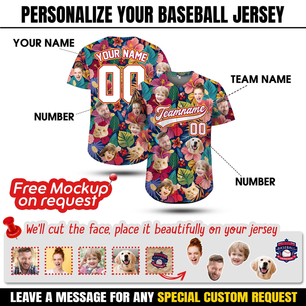 Custom Hawaiian Jersey with Logo, Personalized Face Hawaiian Baseball Jersey for Men Women Youth Kid, Summer Beach Party Gift for Dad