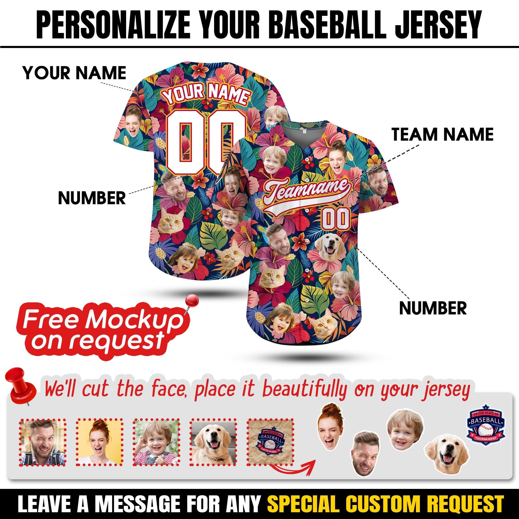 Custom Hawaiian Jersey with Logo, Personalized Face Hawaiian Baseball Jersey for Men Women Youth Kid, Summer Beach Party Gift for Dad