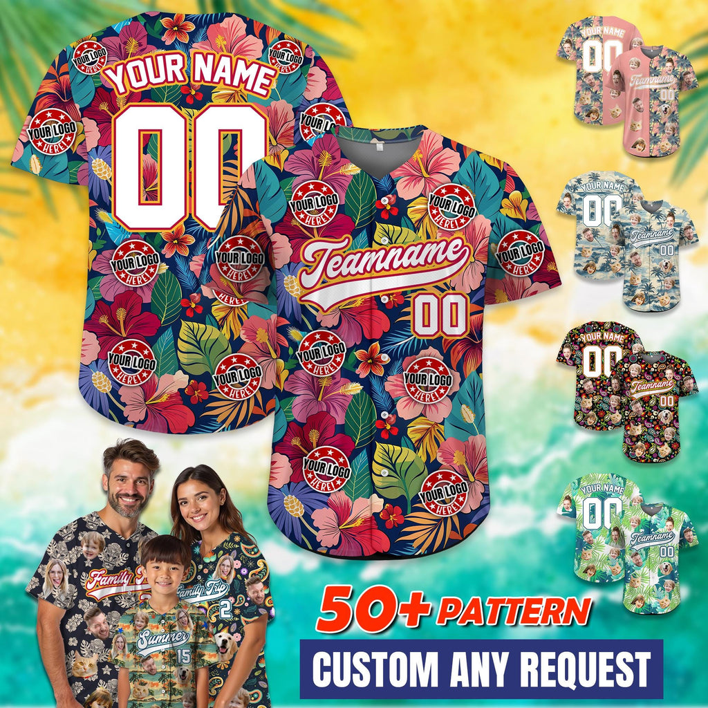 Custom Hawaiian Jersey with Logo, Personalized Face Hawaiian Baseball Jersey for Men Women Youth Kid, Summer Beach Party Gift for Dad