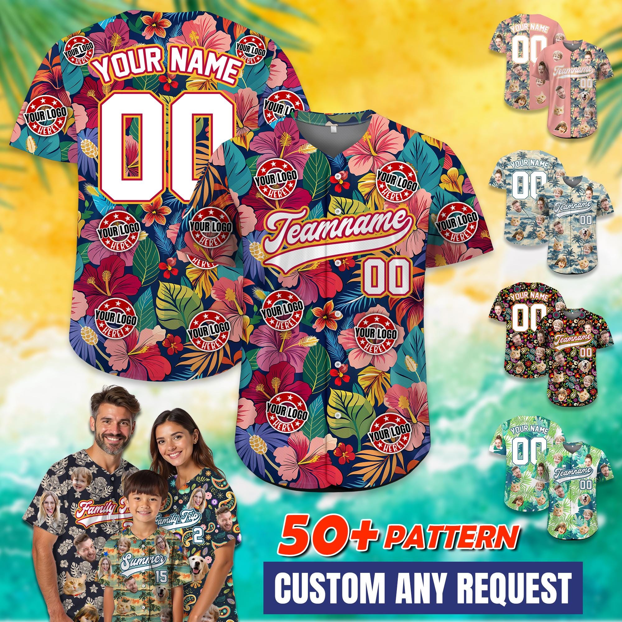Custom Hawaiian Jersey with Logo, Personalized Face Hawaiian Baseball Jersey for Men Women Youth Kid, Summer Beach Party Gift for Dad
