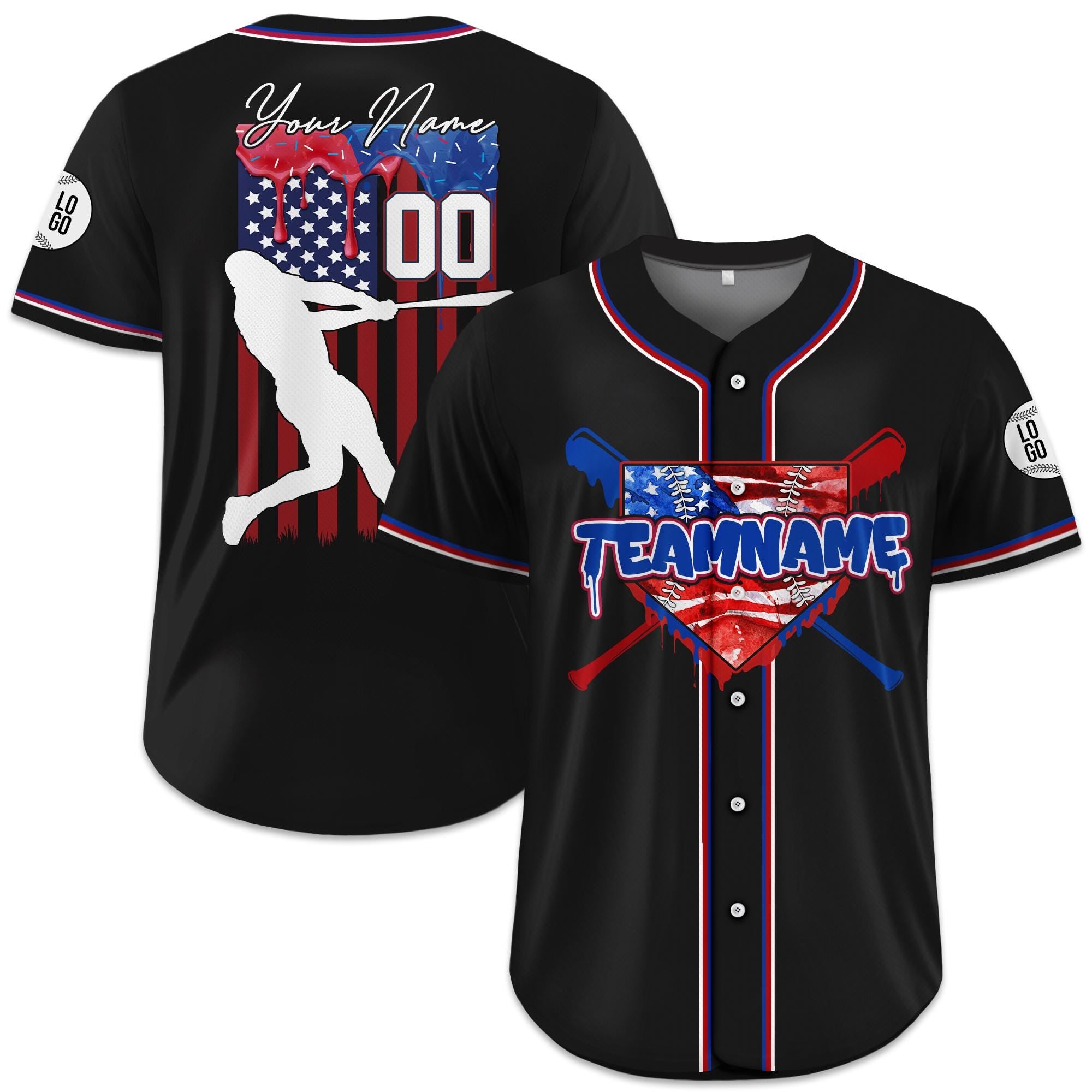 Personalized USA Baseball Jersey with Ice Cream Drip for Adult Kid, Custom 4th of July Outfit for Baseball Fans, Summer Game Days Outfit