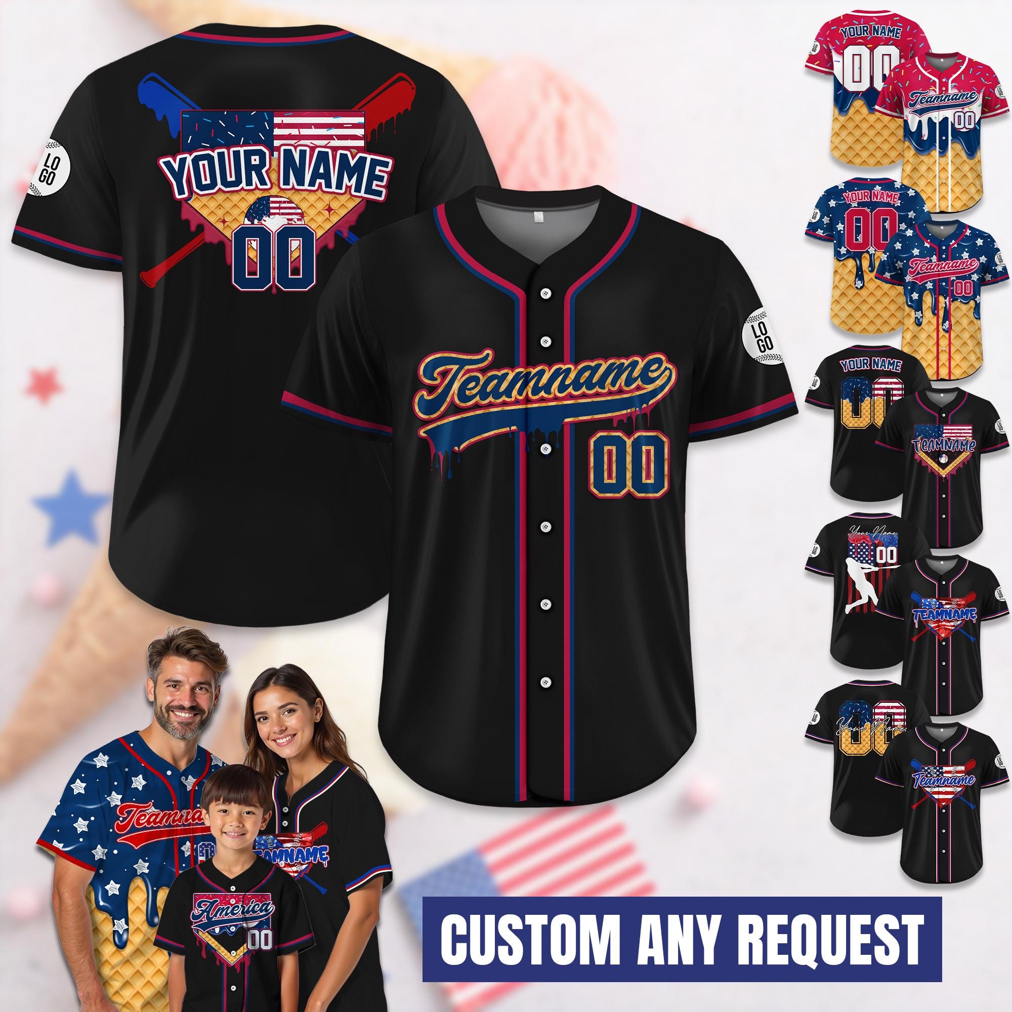 Custom Baseball Jersey Ice Cream Sprinkle,Personalized Red White Blue Jersey with Ice Cream Drip,Family Matching Outfit,Baseball Jersey Gift
