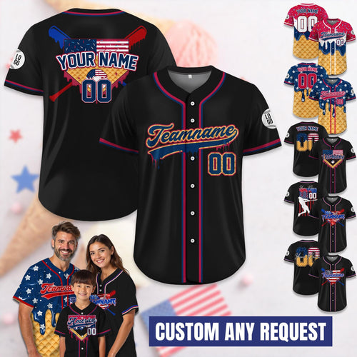 Custom Baseball Jersey Ice Cream Sprinkle,Personalized Red White Blue Jersey with Ice Cream Drip,Family Matching Outfit,Baseball Jersey Gift