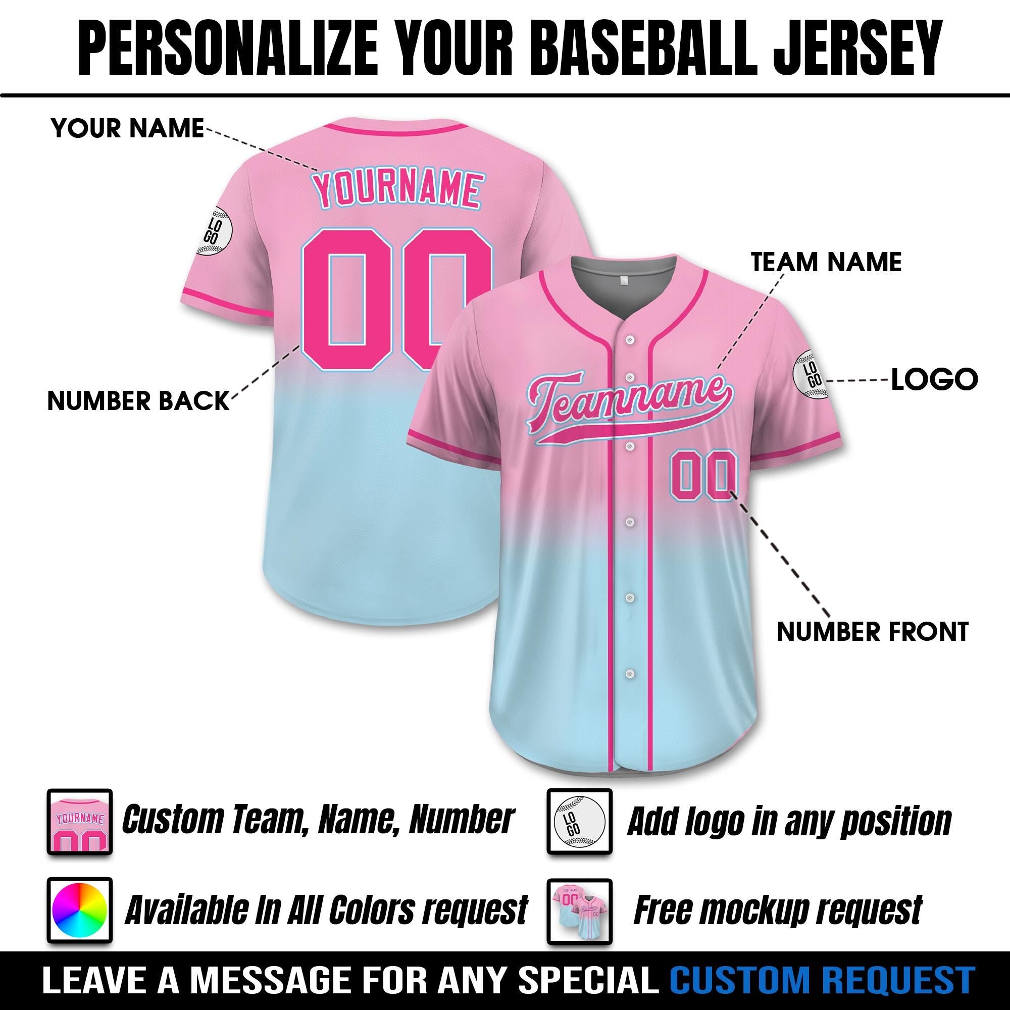 Printed Gradient Custom Baseball Jersey with Name, Personalized Jersey Shirt for Men Women Youth, Gift for Baseball Fans Light Pink Blue